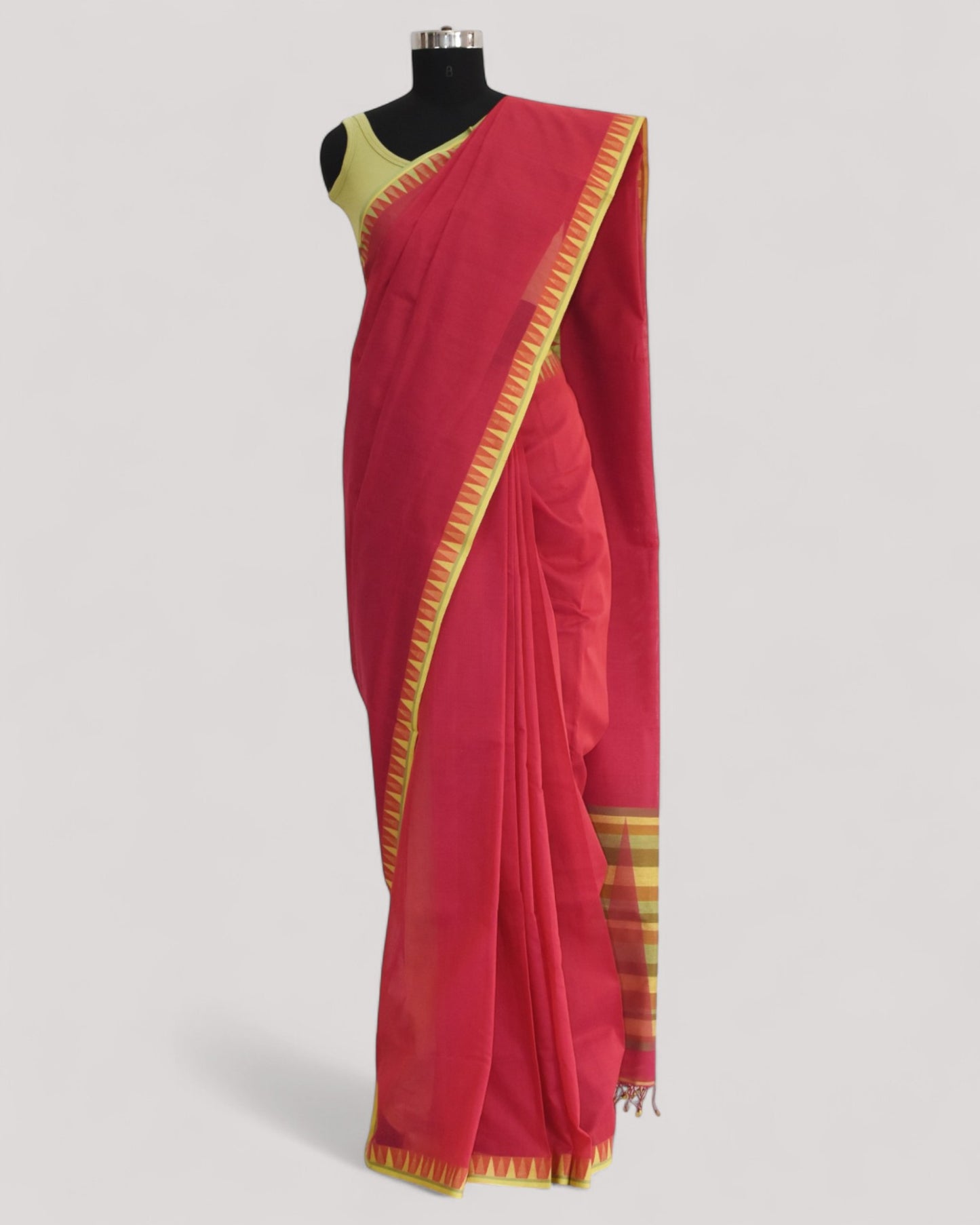 Red - Temple Motif Organic Cotton Saree