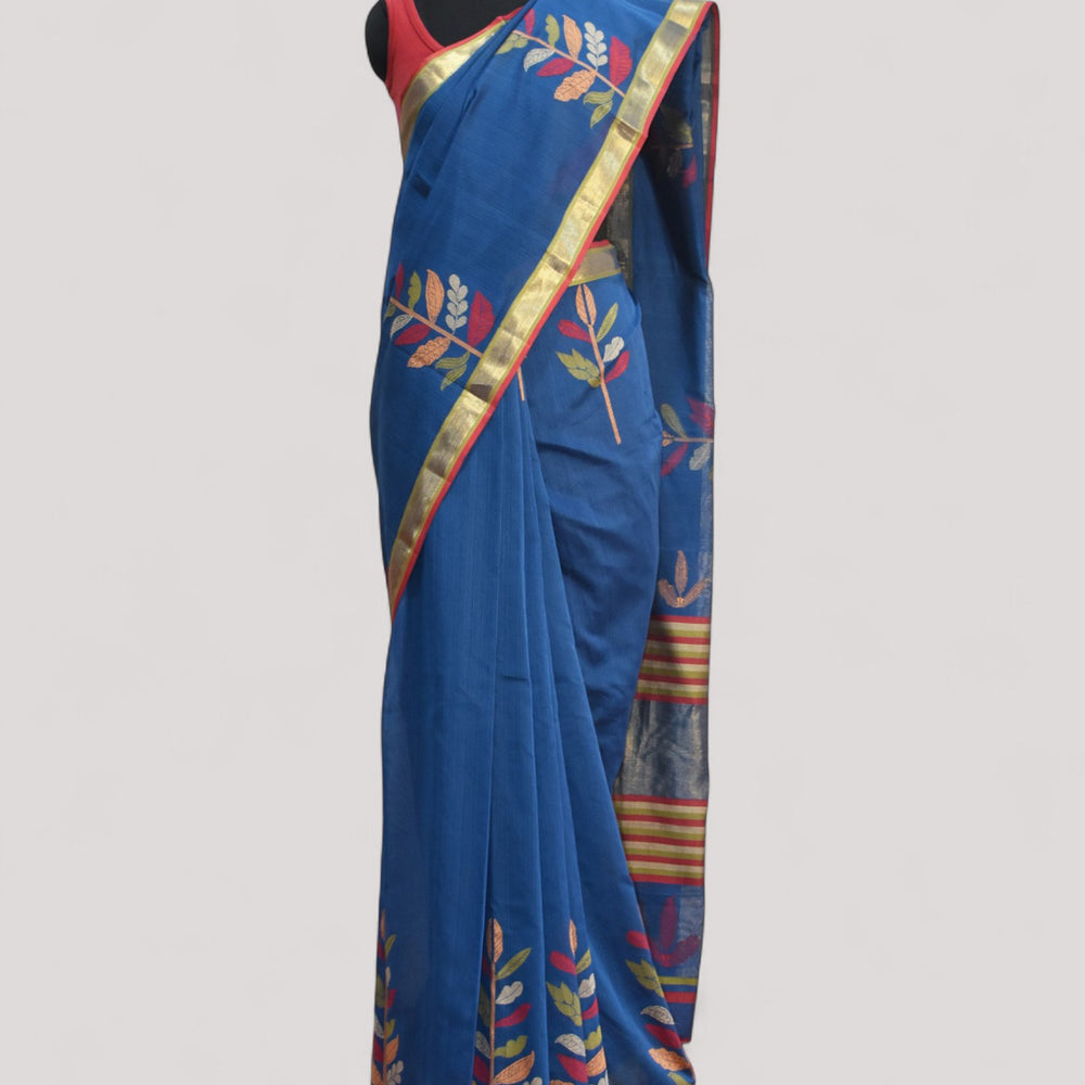 Blue - Leaf Motif Organic Cotton Saree