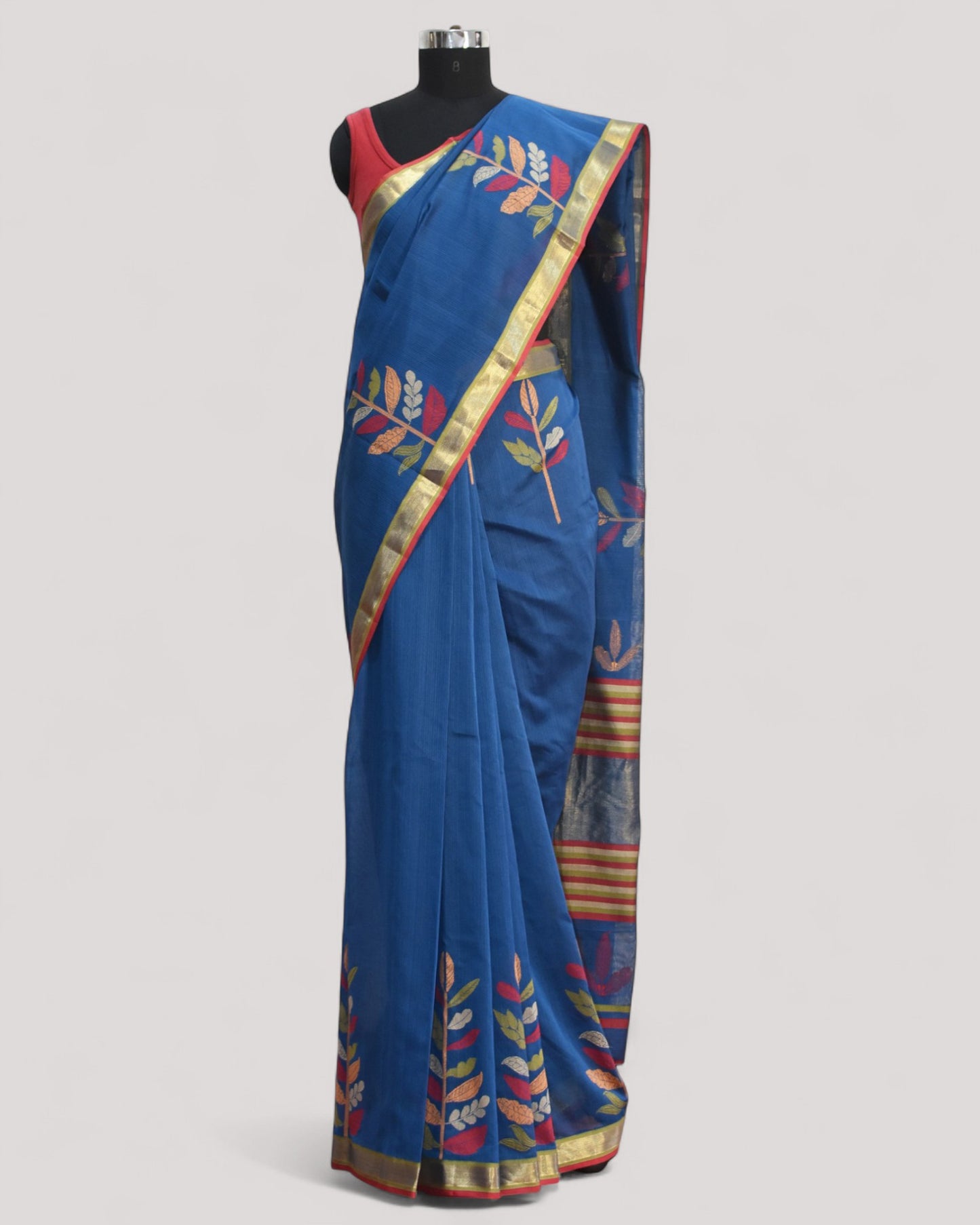 Blue - Leaf Motif Organic Cotton Saree