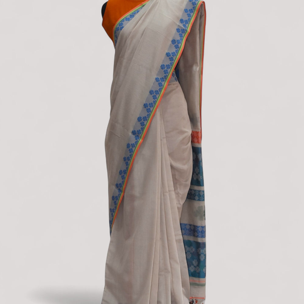 Beige - Clover Motif Organic Cotton Saree