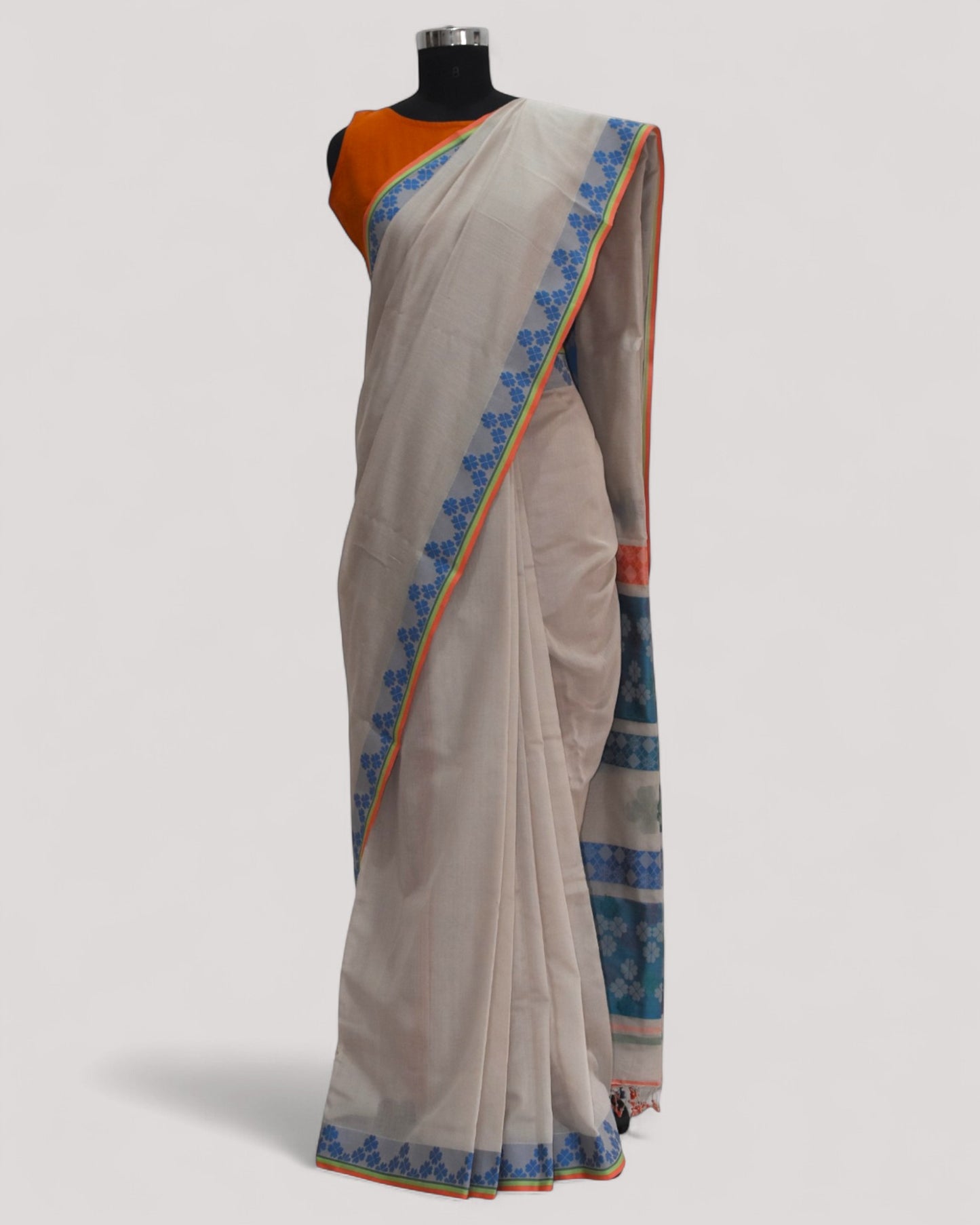 Beige - Clover Motif Organic Cotton Saree