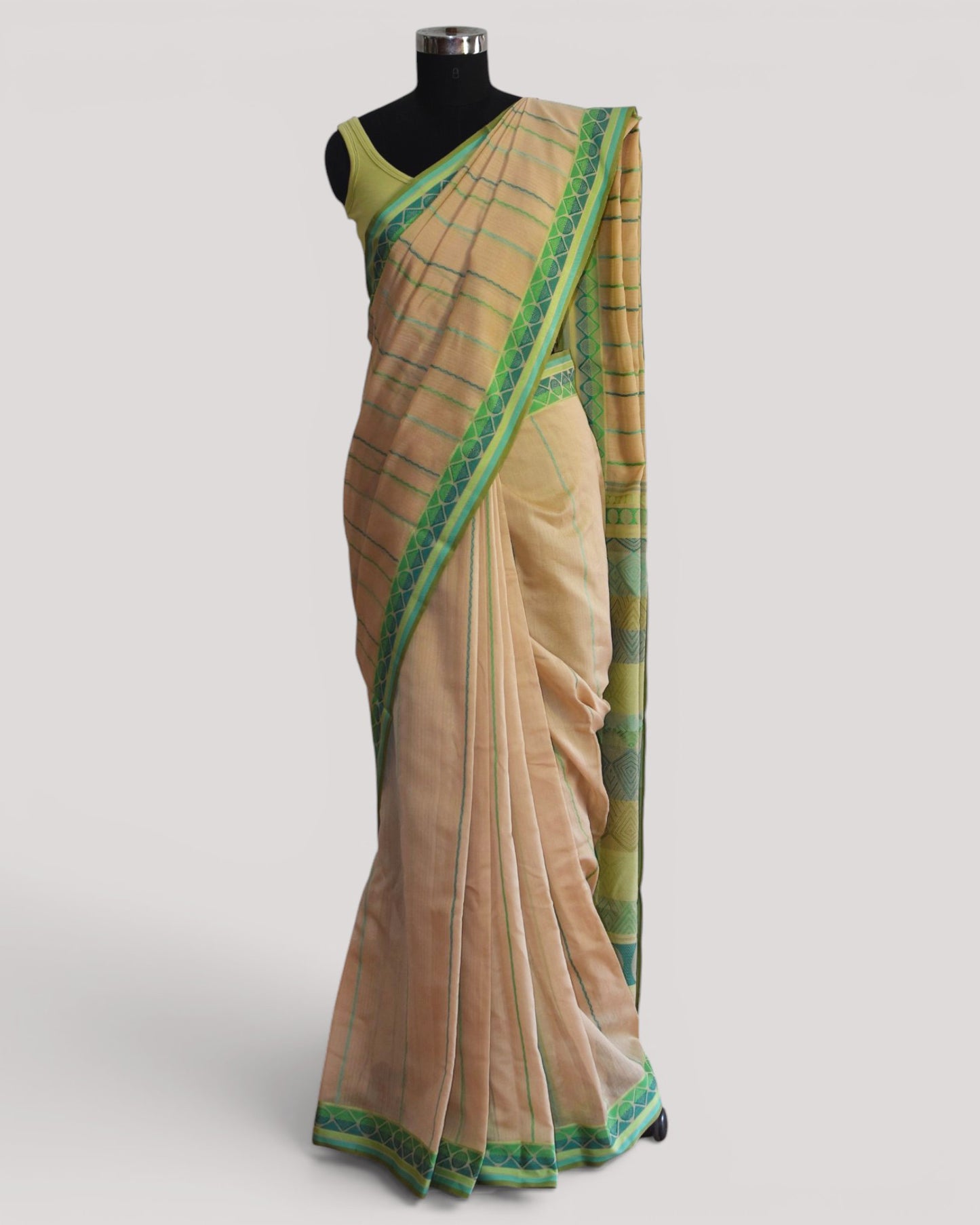 Beige - Geometric Elegance Organic Cotton Saree