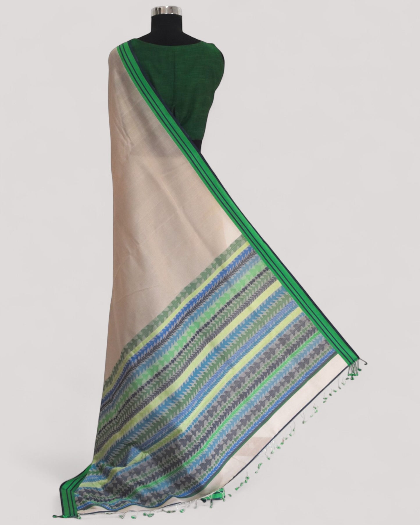 Beige - Tulip Motif Organic Cotton Saree