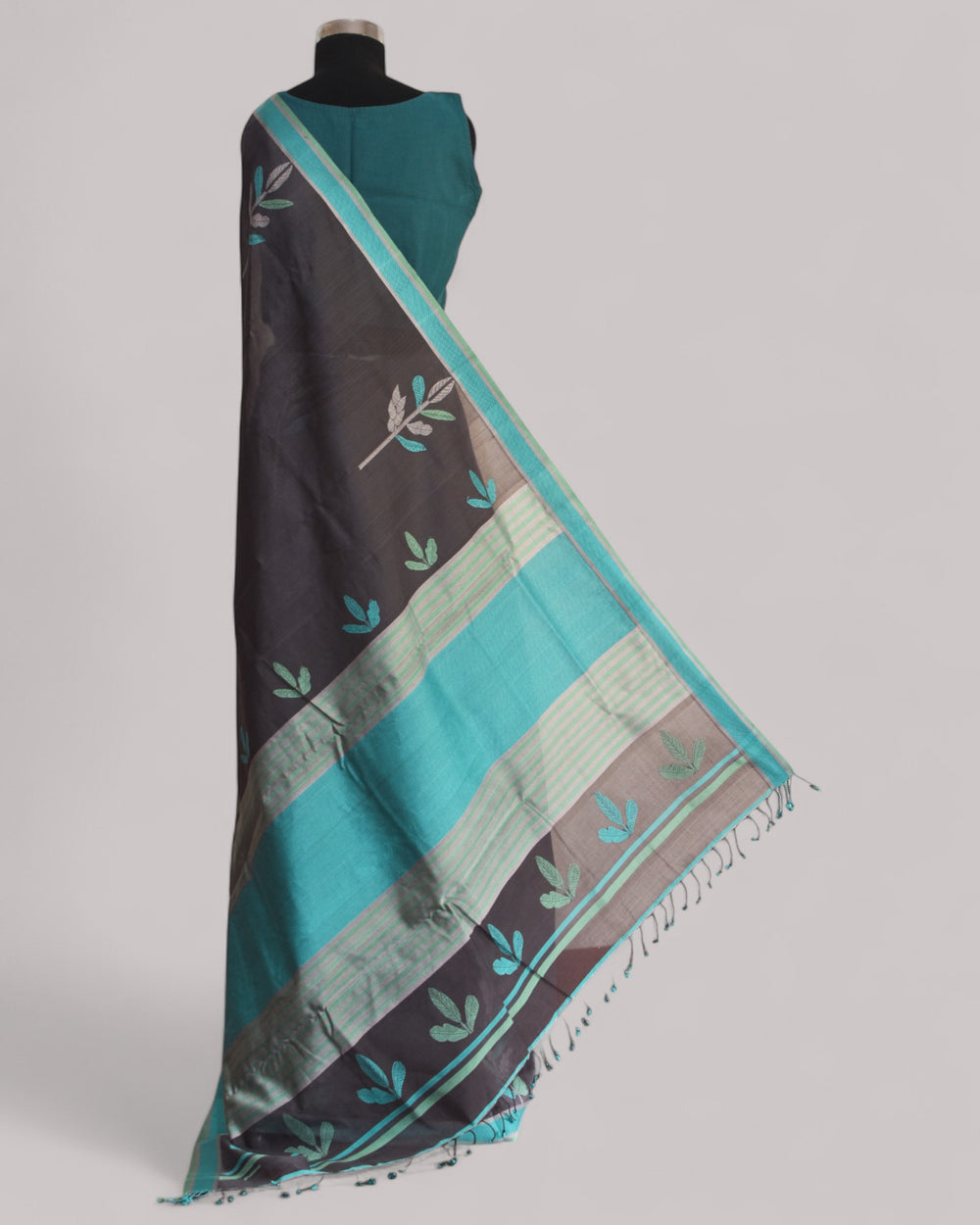 Charcoal Grey - Leaf Motif Organic Cotton Saree