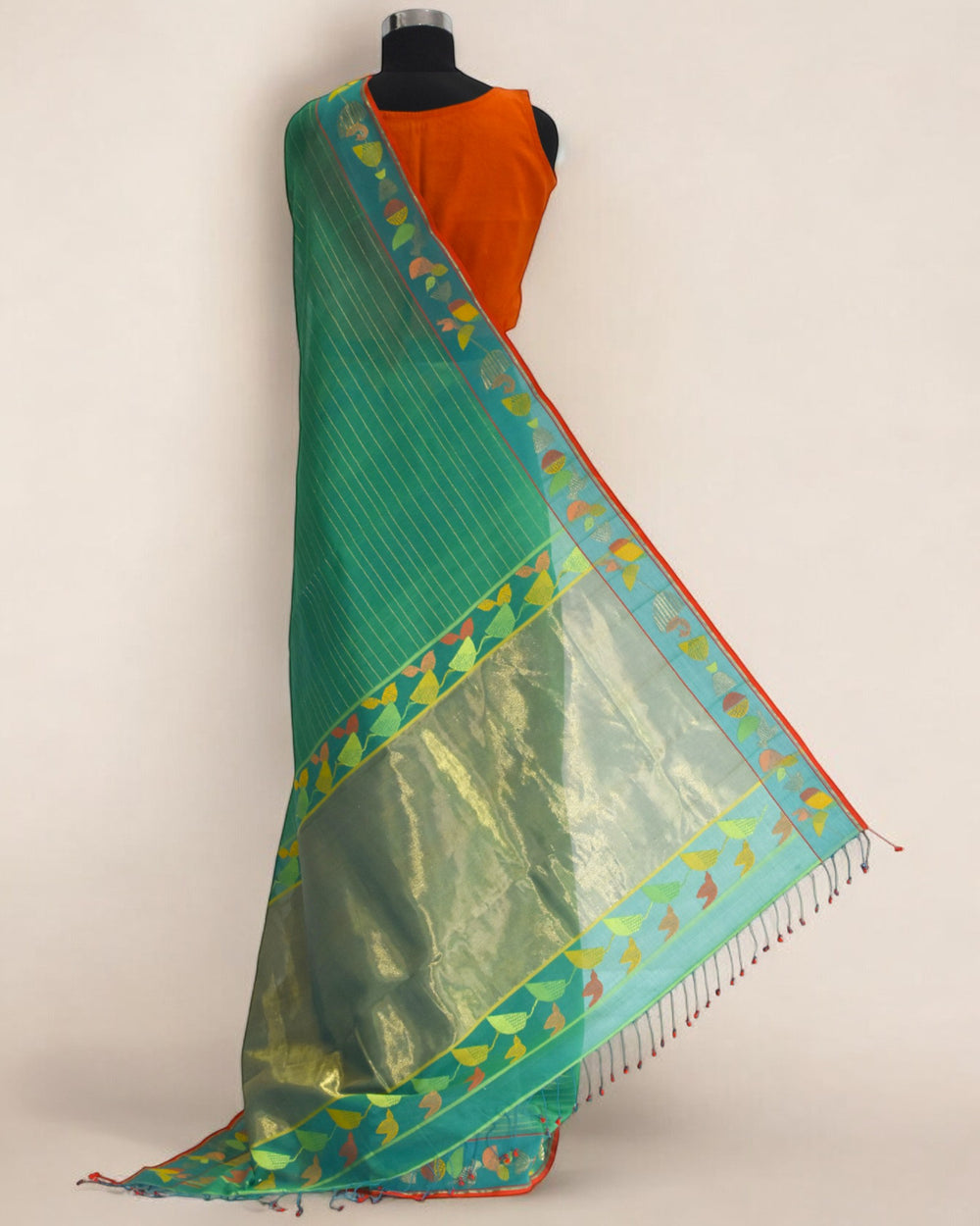 Green - Botanical Serenade Organic Cotton Saree (no blouse)