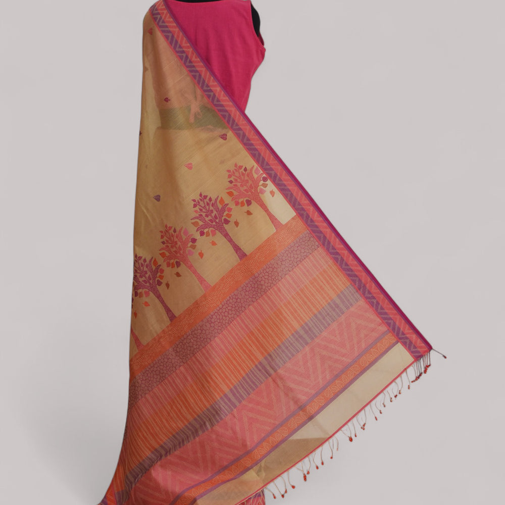 Beige - Tree & Leaves  Motif Organic Cotton Saree
