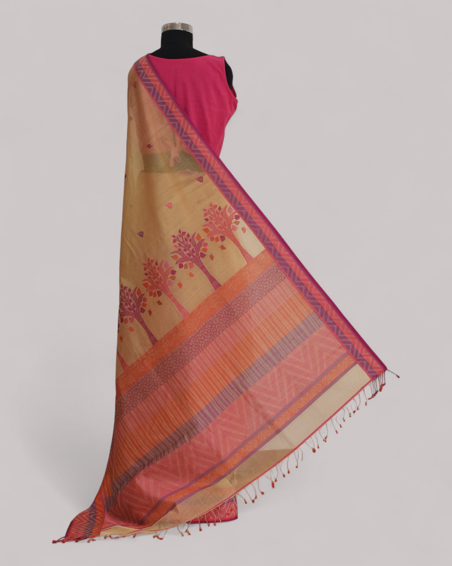 Beige - Tree & Leaves  Motif Organic Cotton Saree