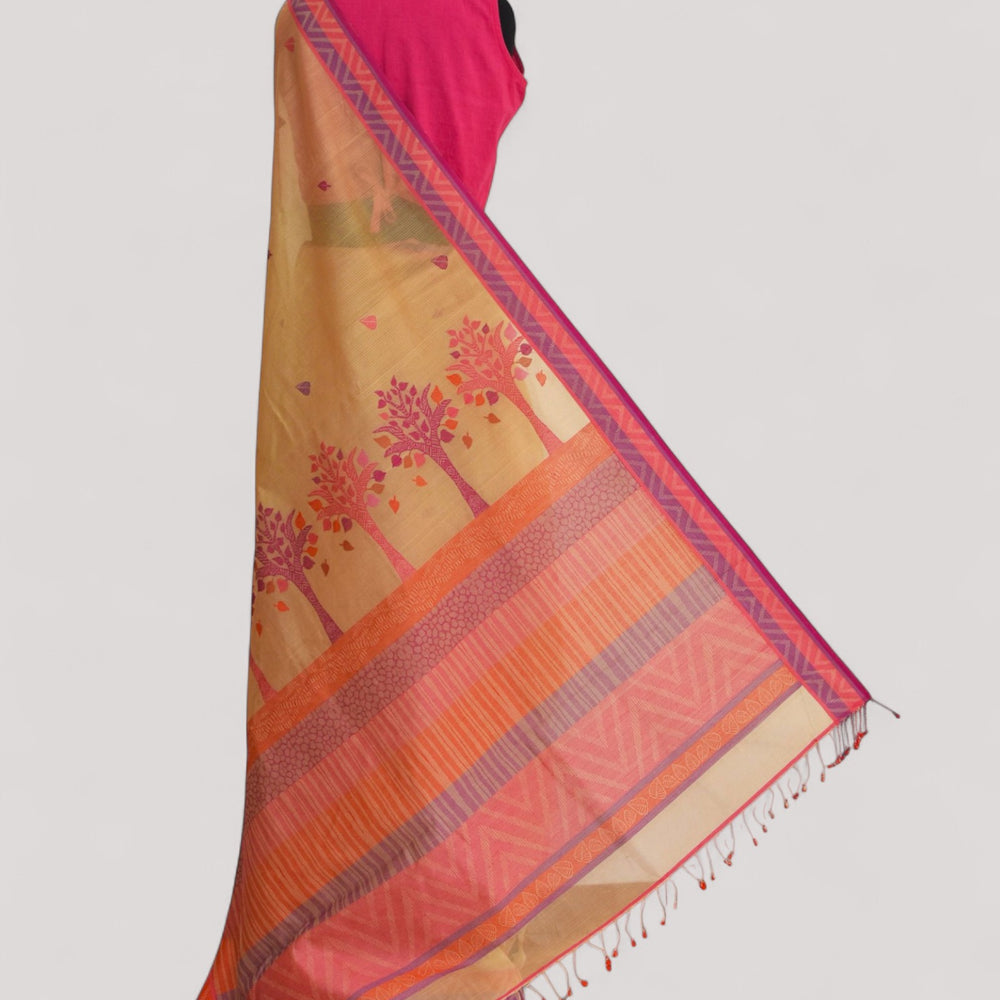 Beige - Tree & Leaves Motif Organic Cotton Saree