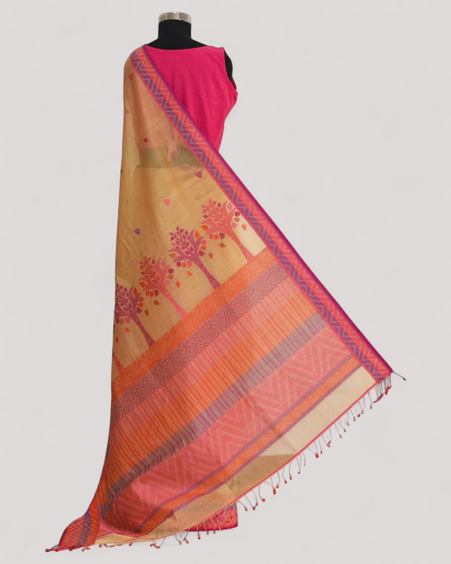 Beige - Tree & Leaves Motif Organic Cotton Saree