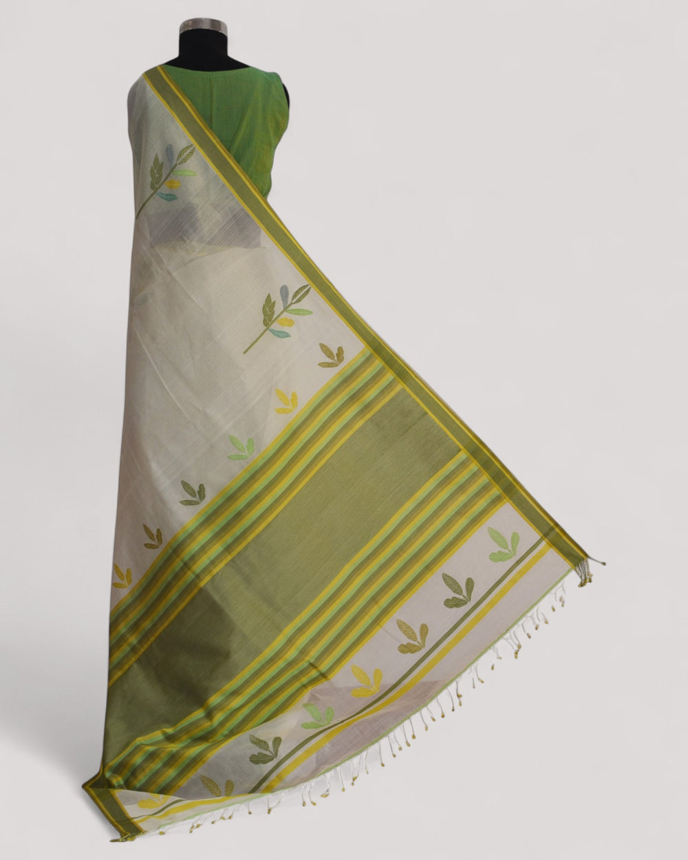 White - Leaf Motif Organic Cotton Saree