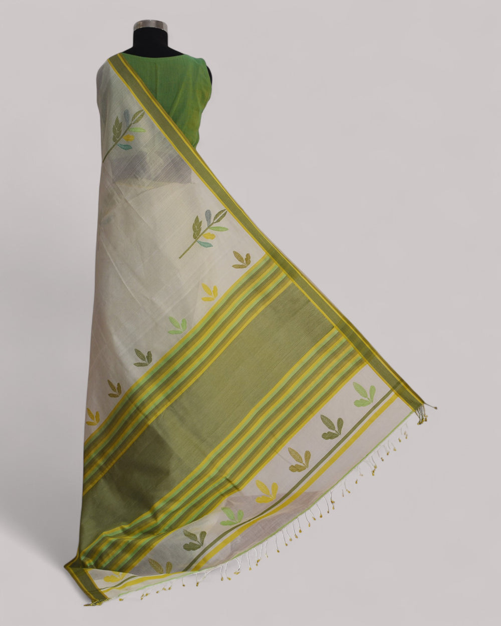 White - Leaf Motif Organic Cotton Saree