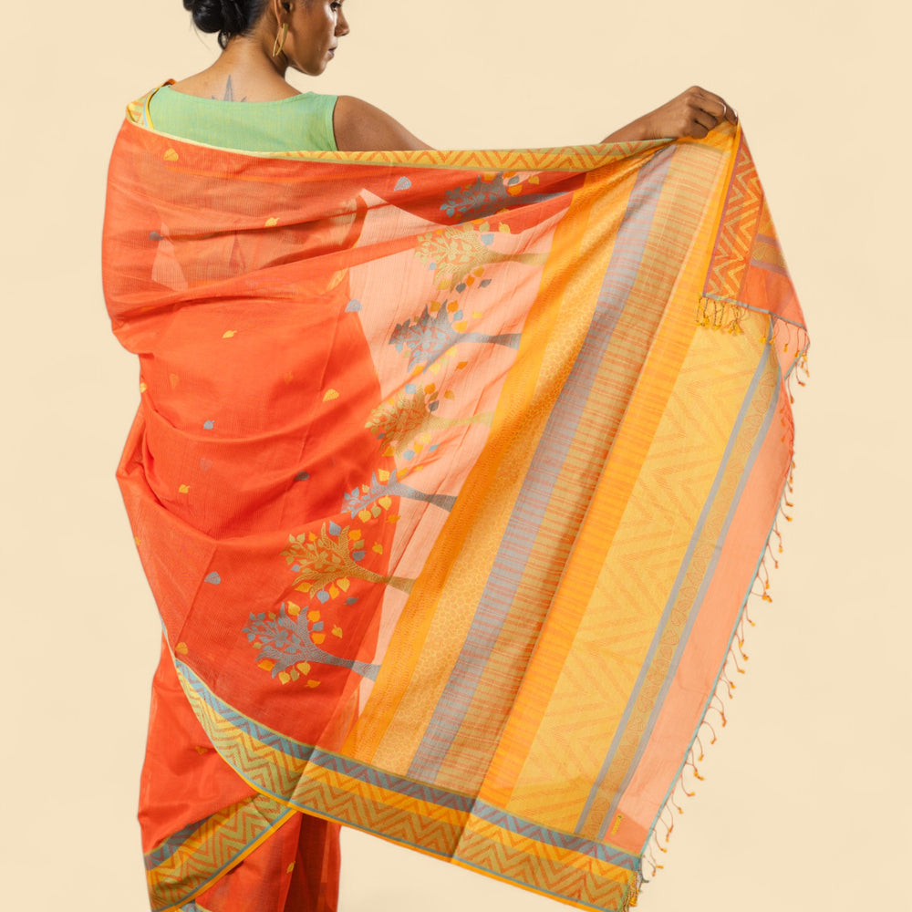 Orange - Tree & Leaves  Motif Organic Cotton Saree