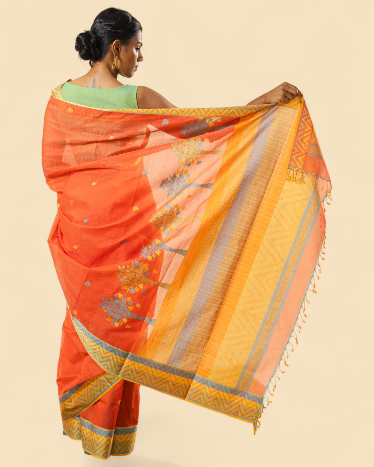 Orange - Tree & Leaves  Motif Organic Cotton Saree