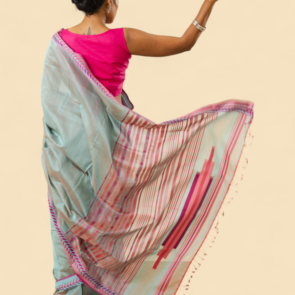 Blueish Grey - Arrowed Opulence Organic Cotton Saree