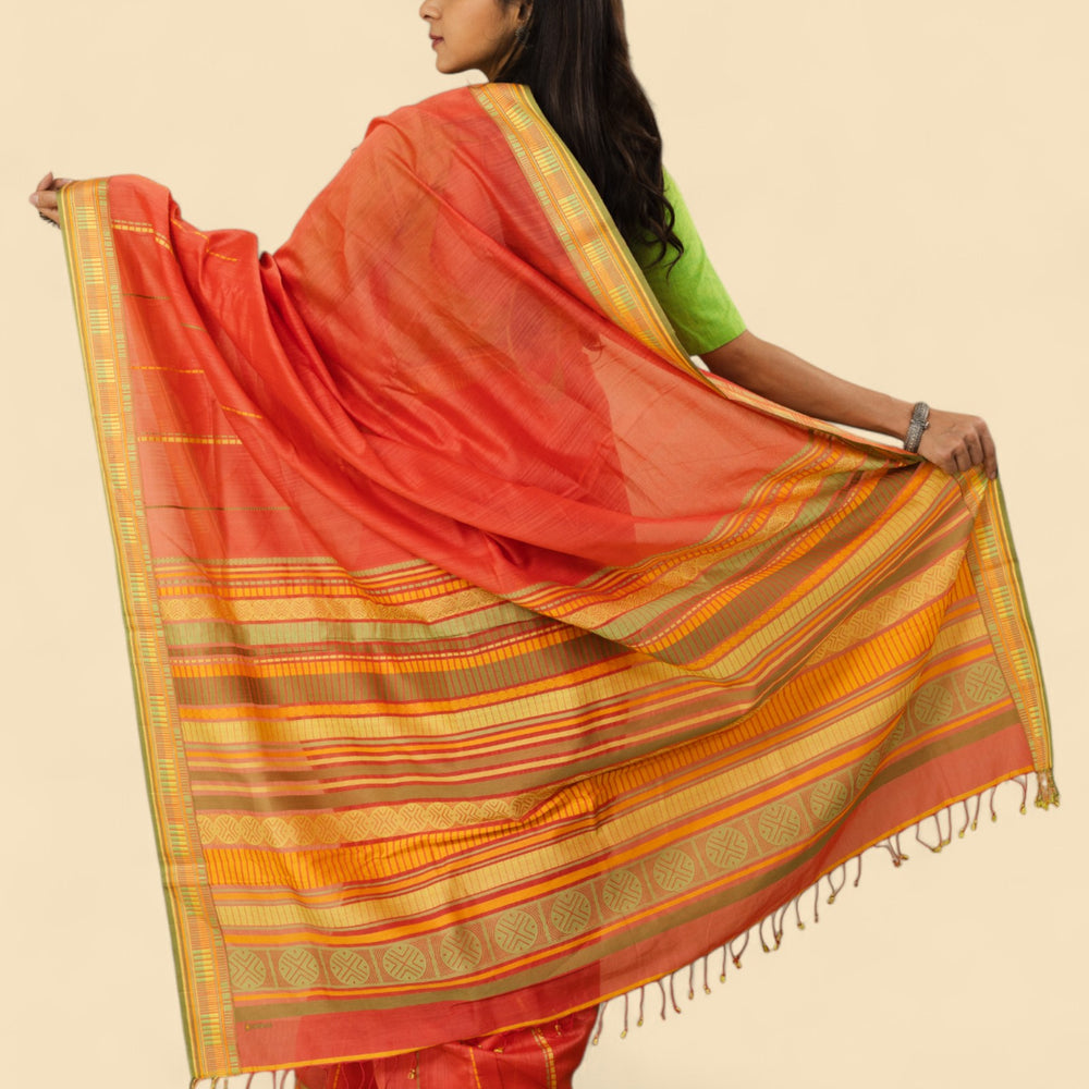 Orange - Sticks and Swirls Organic Cotton Saree