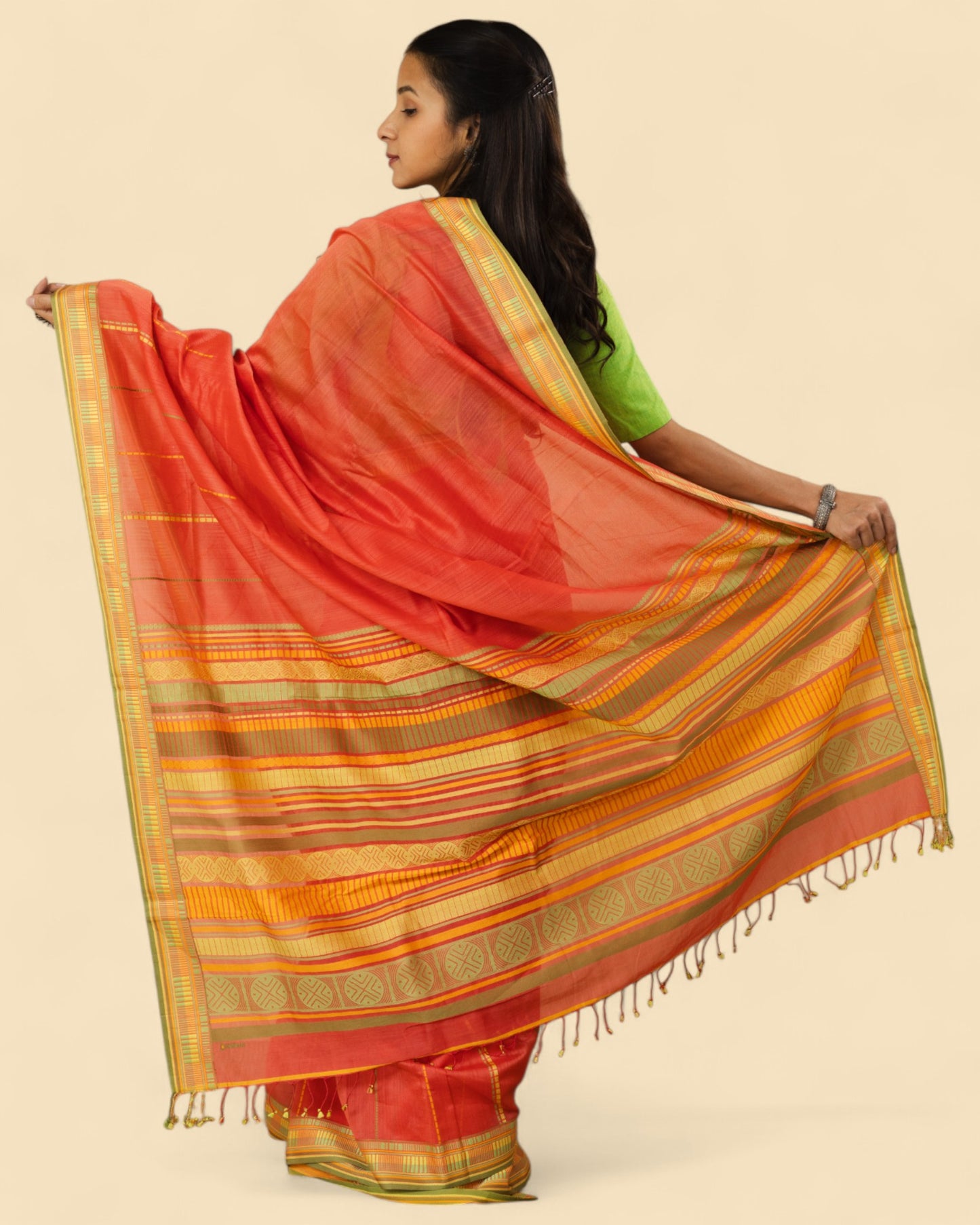 Orange - Sticks and Swirls Organic Cotton Saree