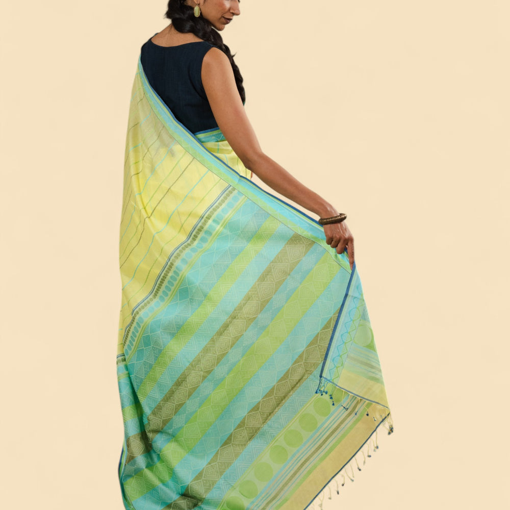 Yellow - Geometric Elegance Organic Cotton Saree