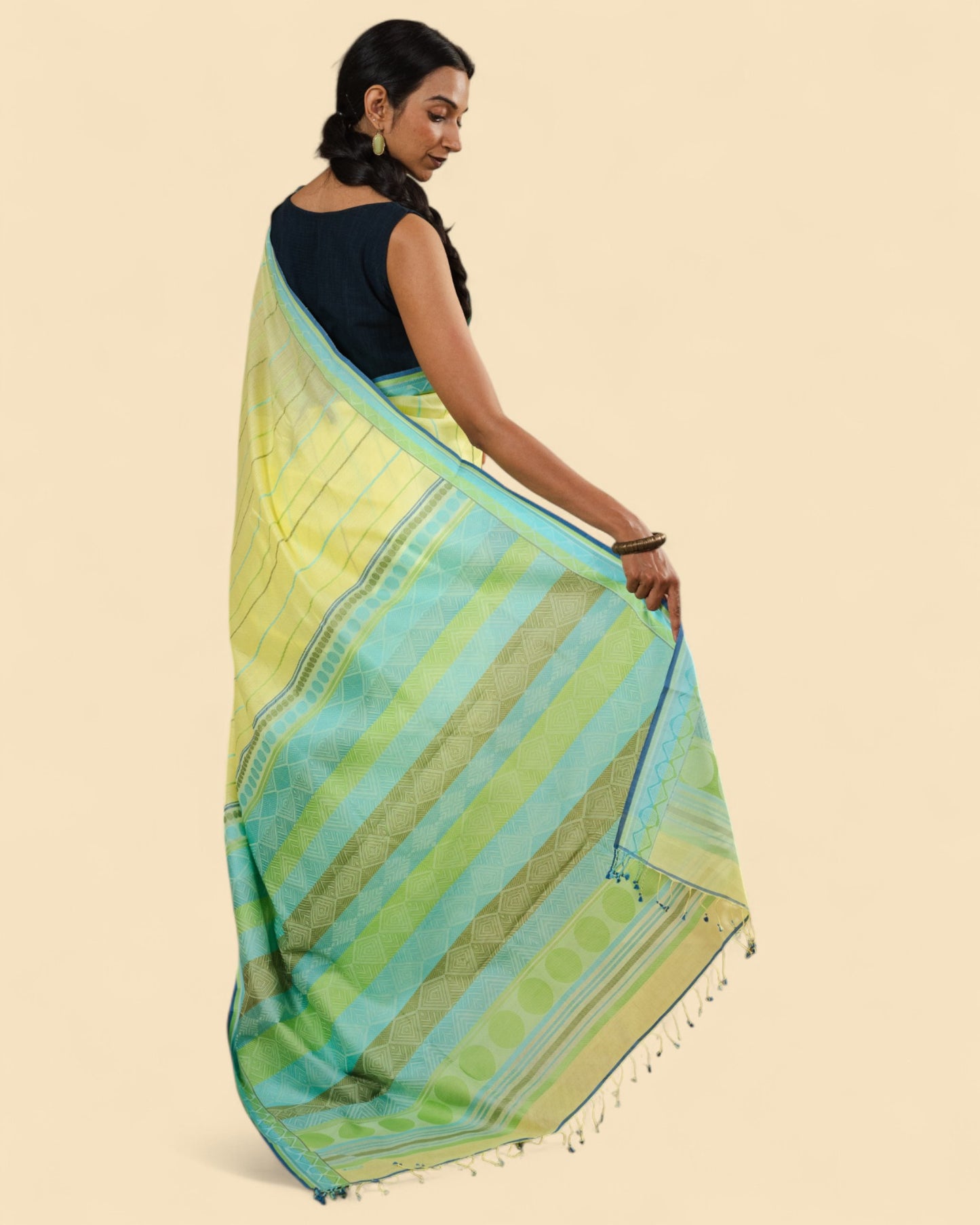 Yellow - Geometric Elegance Organic Cotton Saree