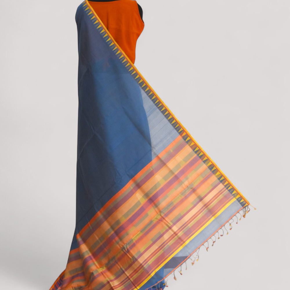 Blueish Grey - Temple Motif Organic Cotton Saree