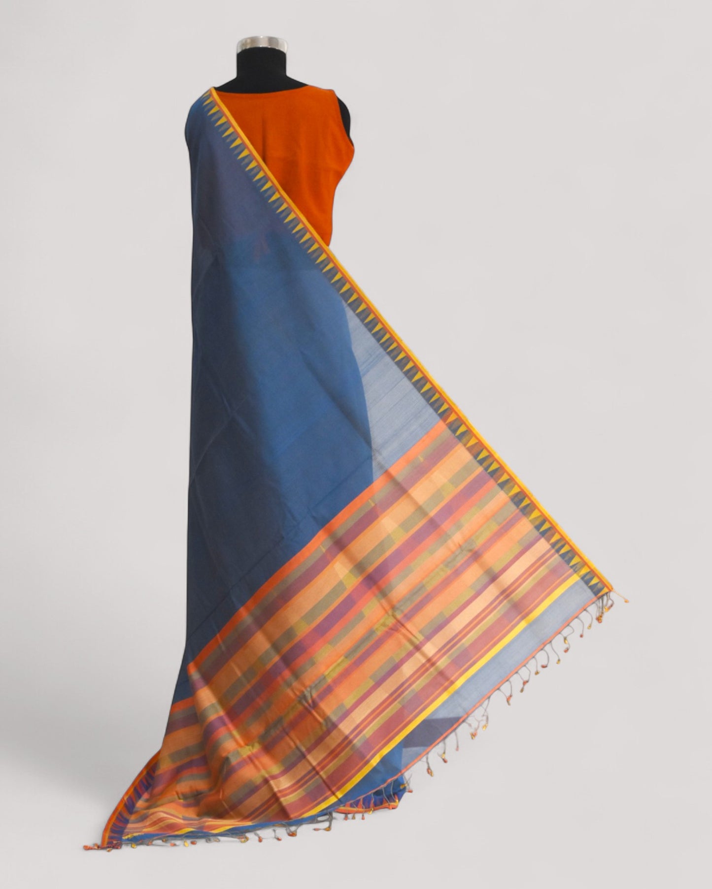 Blueish Grey - Temple Motif Organic Cotton Saree