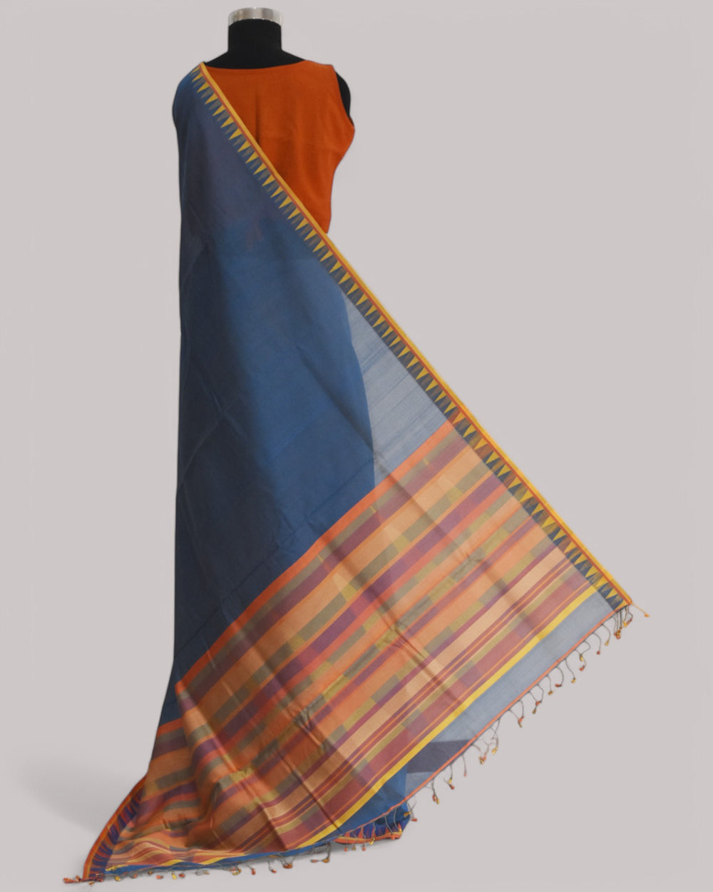 Blueish Grey - Temple Motif Organic Cotton Saree