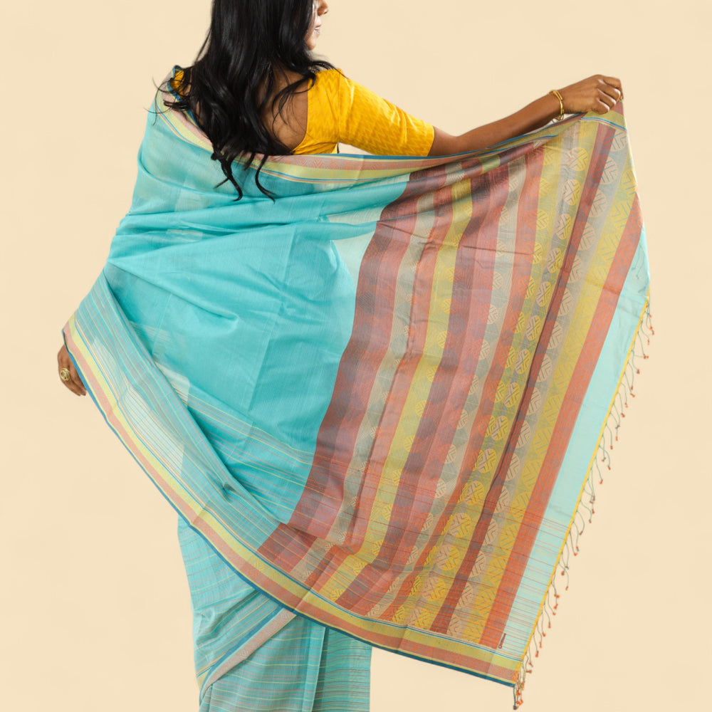 Cyan Blue - Whispering Circles Organic Cotton Saree