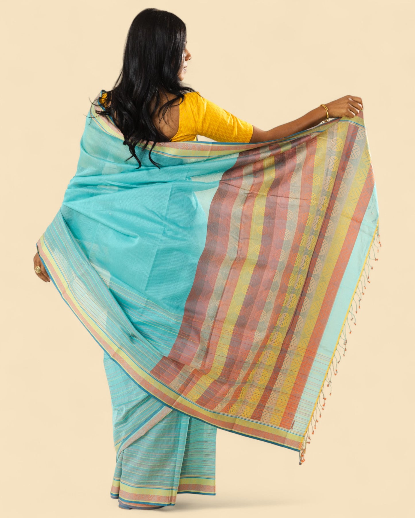 Cyan Blue - Whispering Circles Organic Cotton Saree