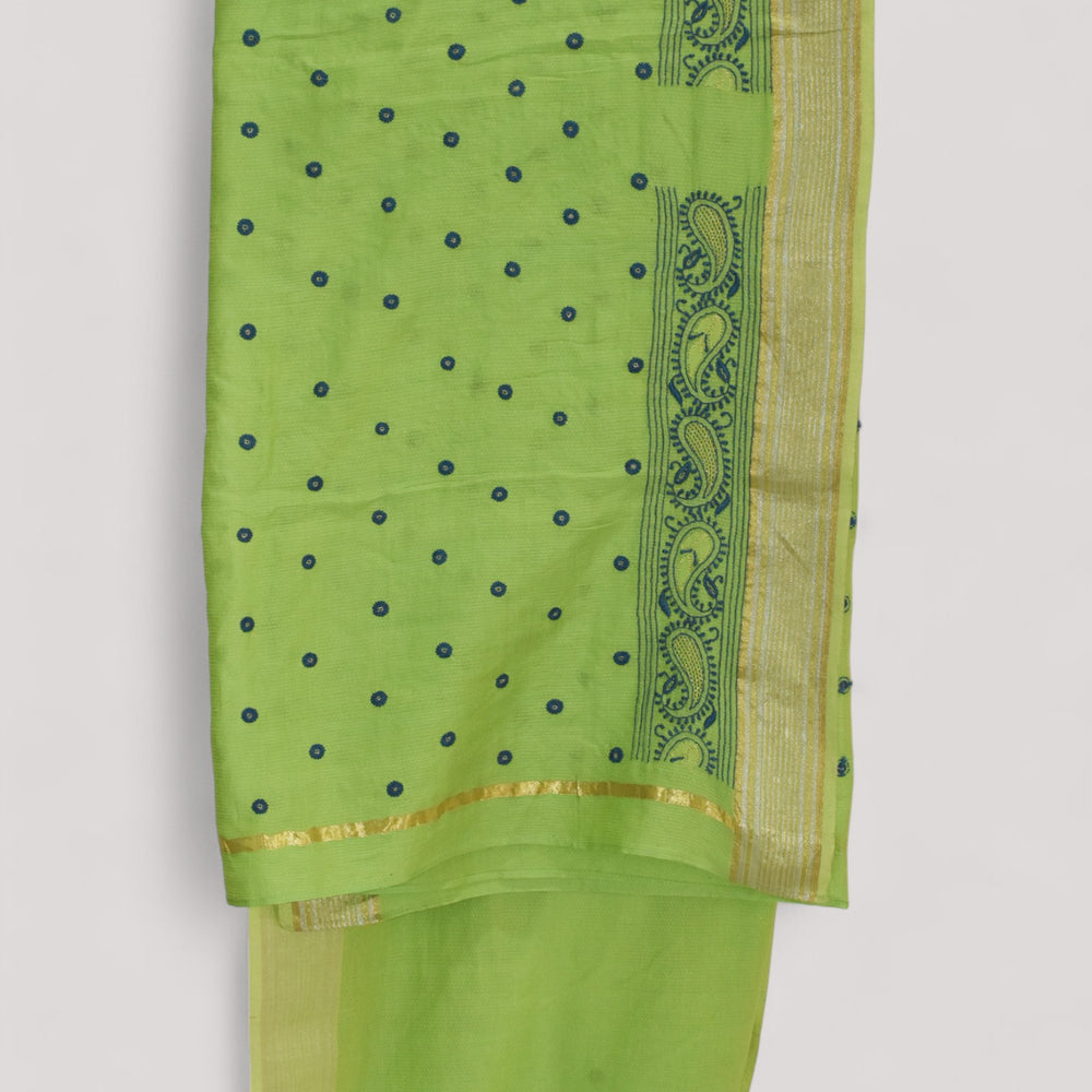 
                      
                        Parrot Green - Hand Embroidered Organic Cotton Saree
                      
                    