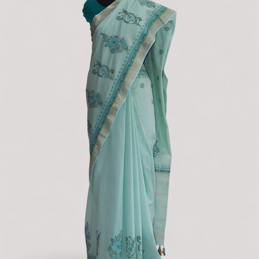 Sea Blue - Hand Embroidered Organic Cotton Saree