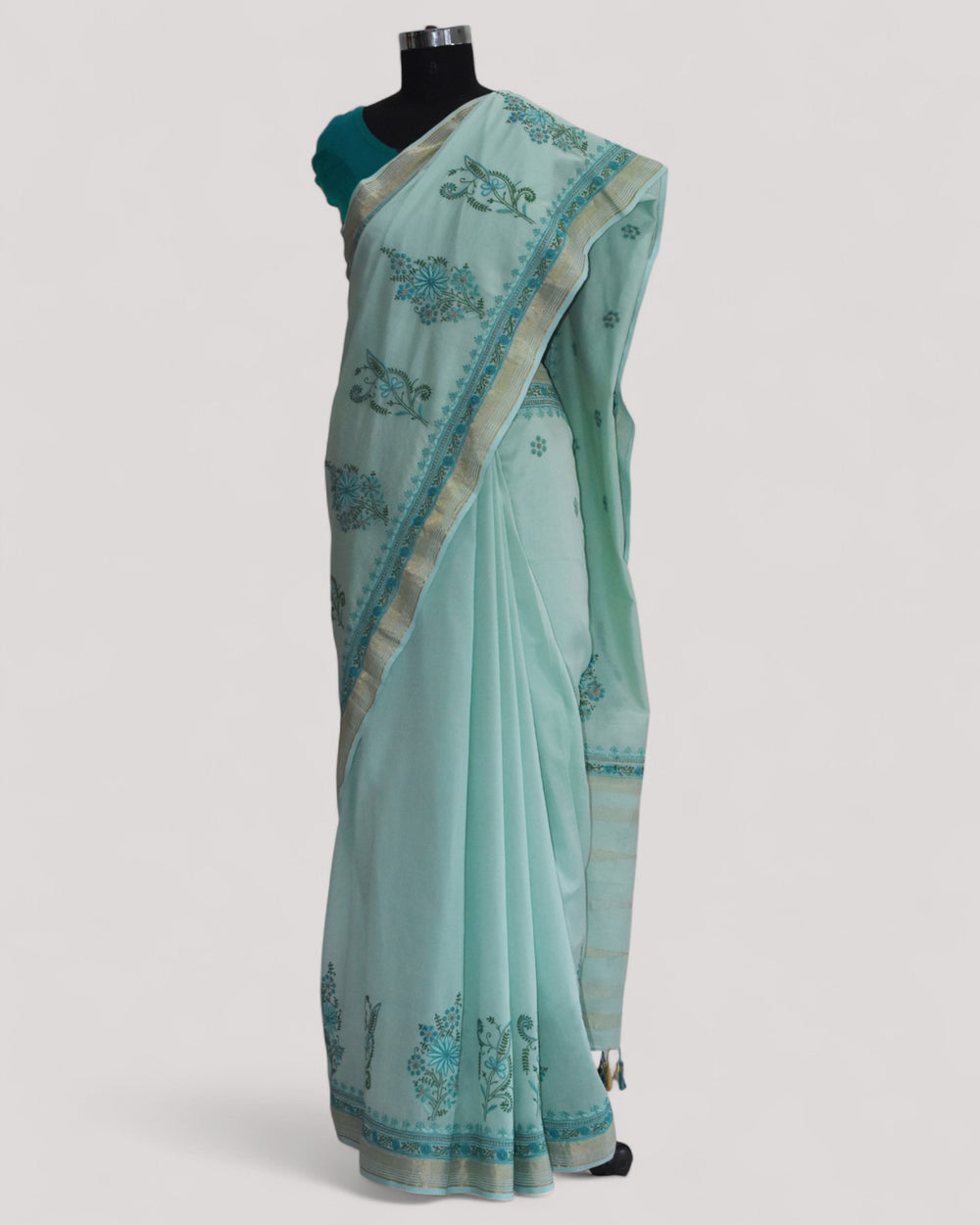 Sea Blue - Hand Embroidered Organic Cotton Saree