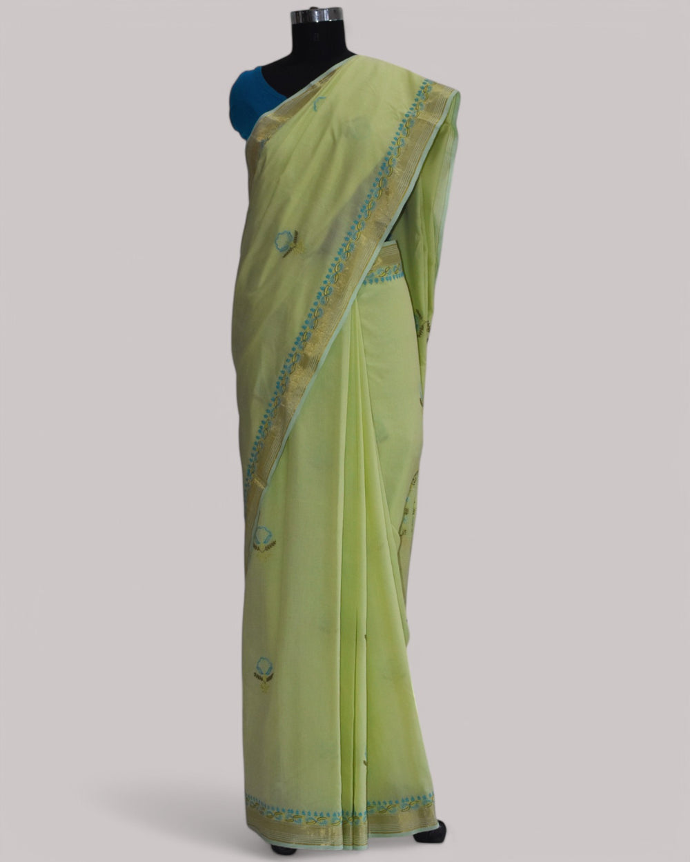 Pista Green - Hand Embroidered Organic Cotton Saree