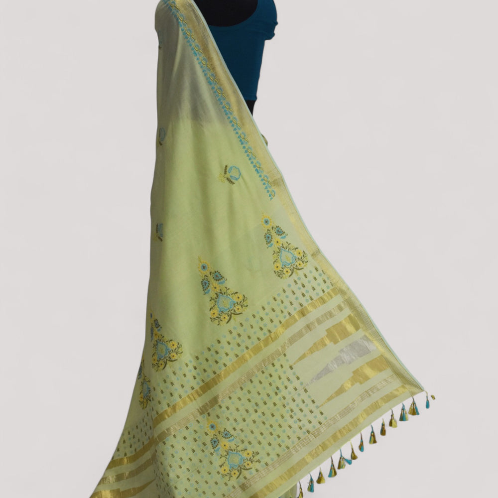 Pista Green - Hand Embroidered Organic Cotton Saree