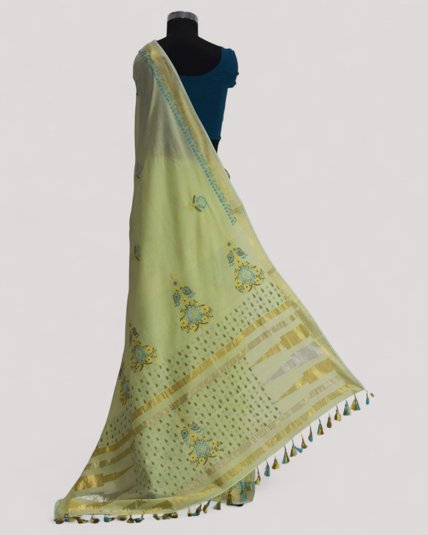 Pista Green - Hand Embroidered Organic Cotton Saree