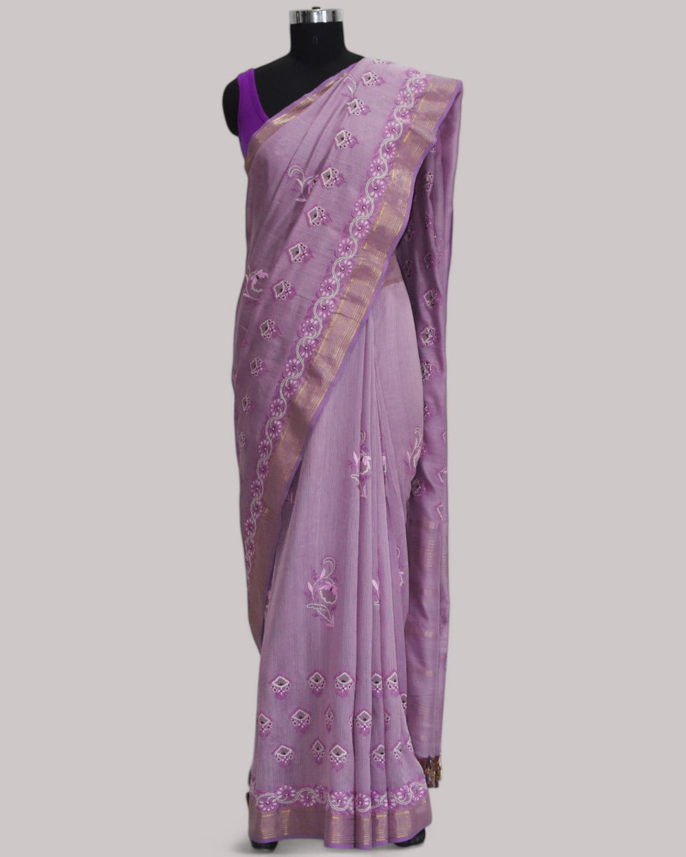 Lavender - Hand Embroidered Organic Cotton Saree