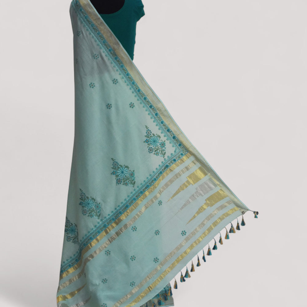 Sea Blue - Hand Embroidered Organic Cotton Saree