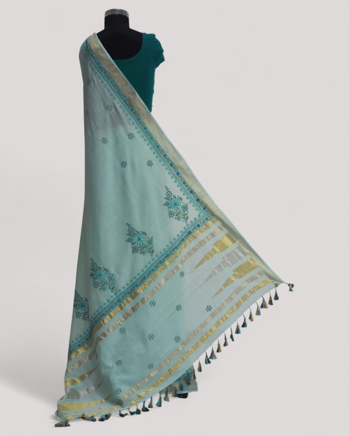 Sea Blue - Hand Embroidered Organic Cotton Saree