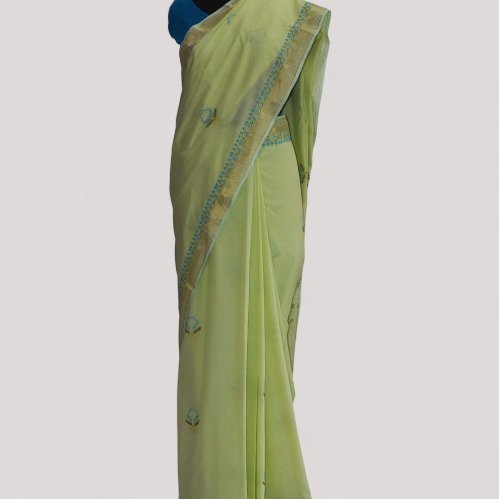 Pista Green - Hand Embroidered Organic Cotton Saree