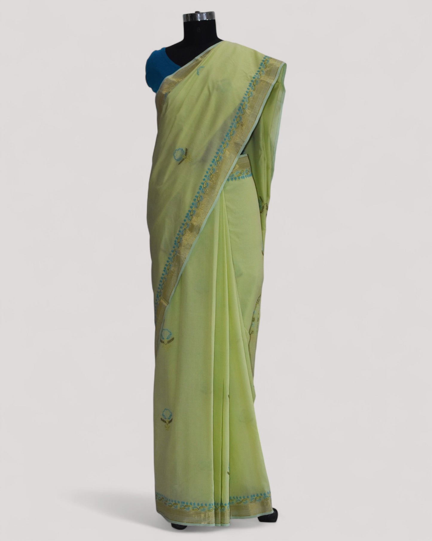 Pista Green - Hand Embroidered Organic Cotton Saree