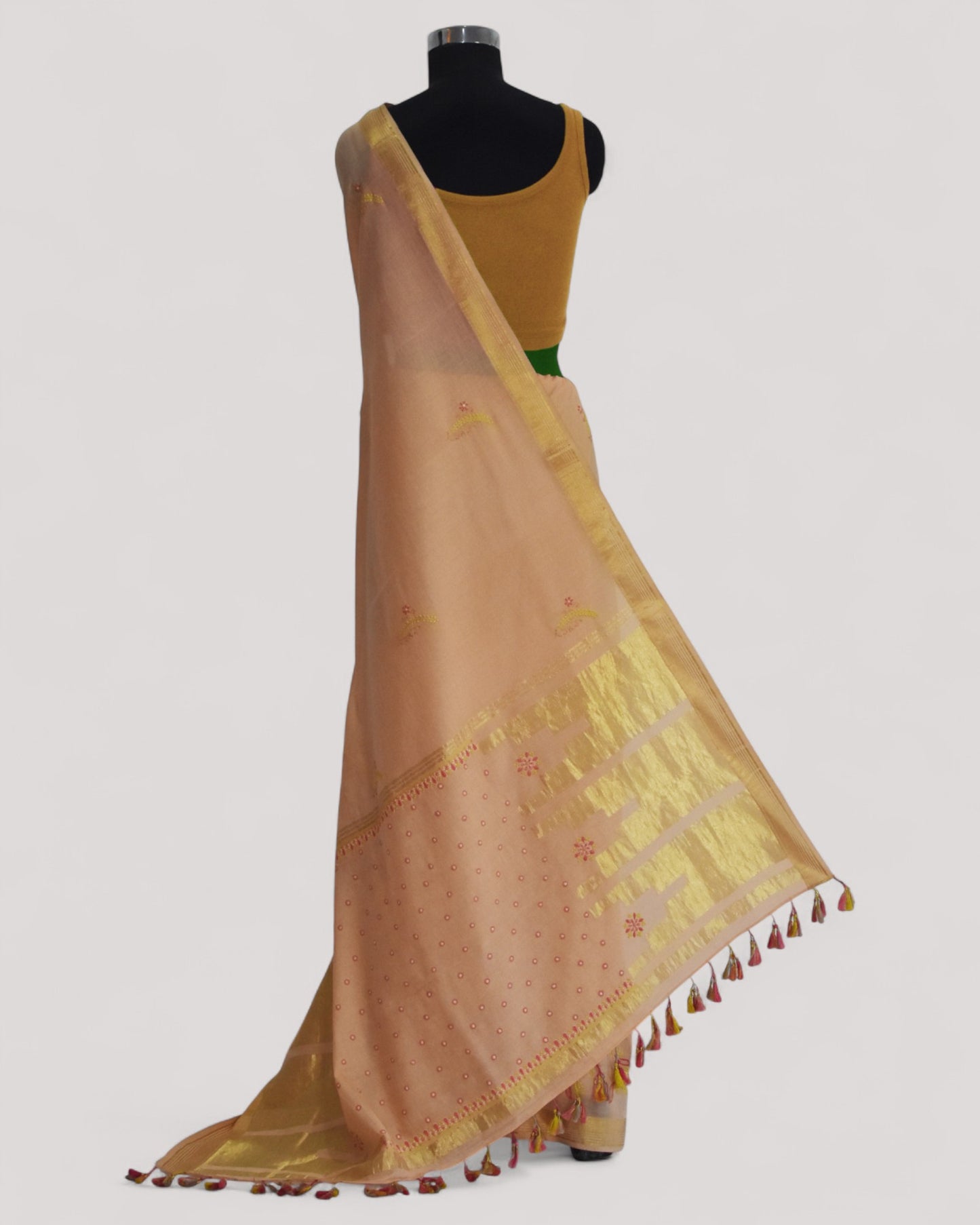 Peach - Hand Embroidered Organic Cotton Saree