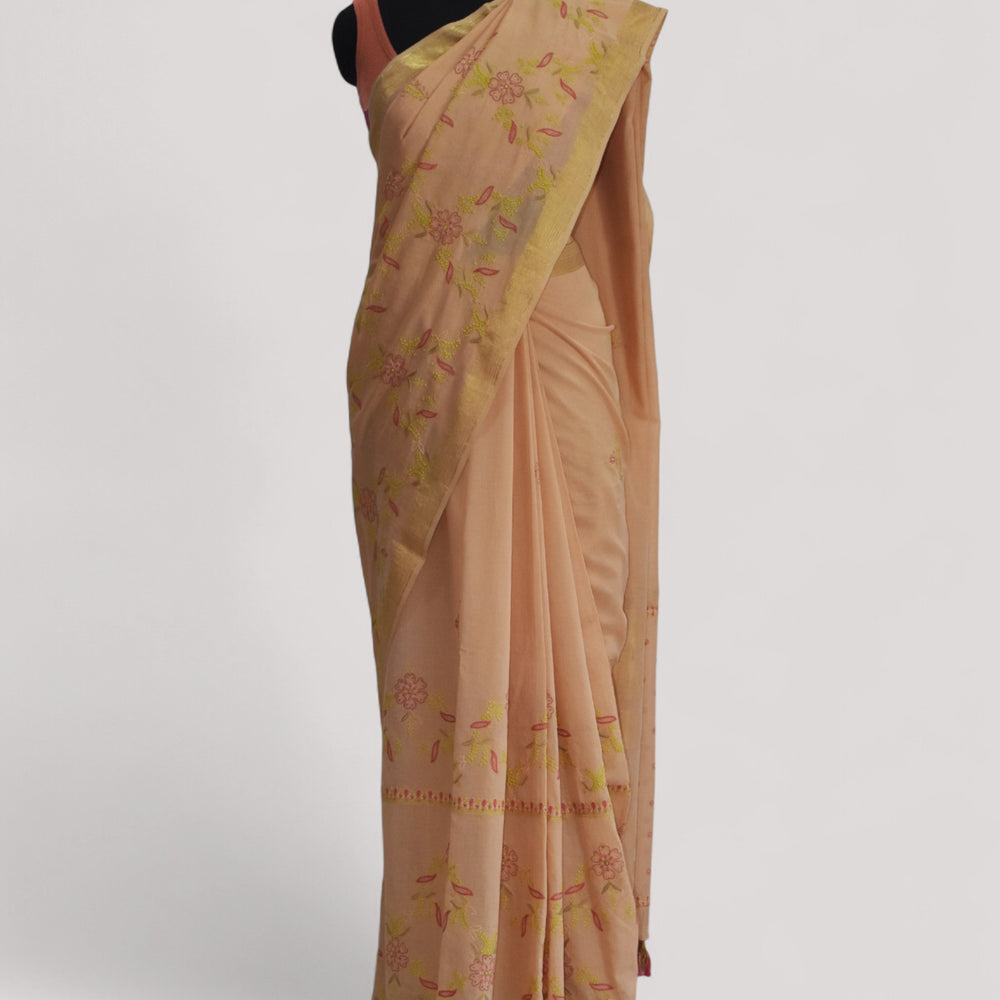 Peach - Hand Embroidered Organic Cotton Saree