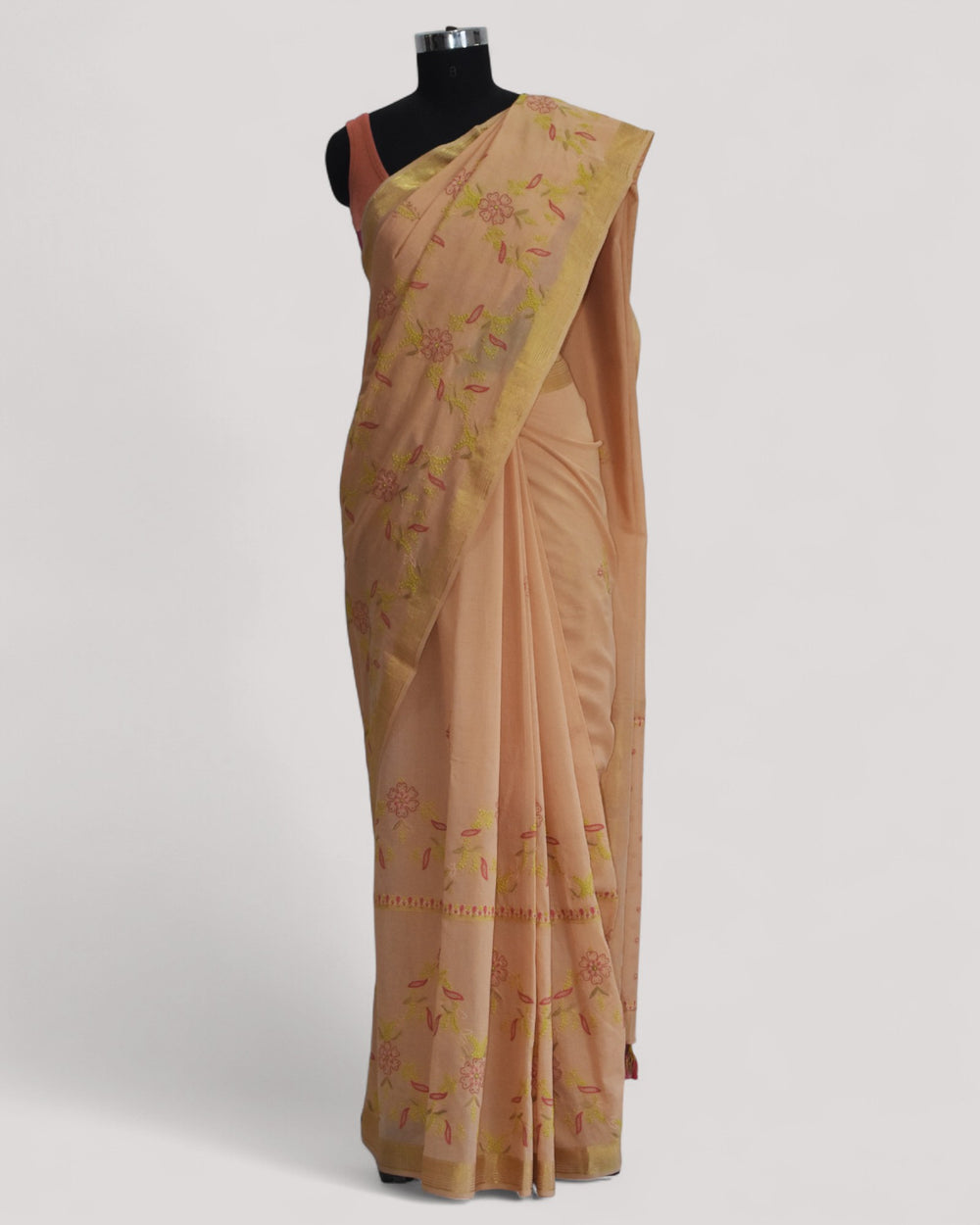 Peach - Hand Embroidered Organic Cotton Saree