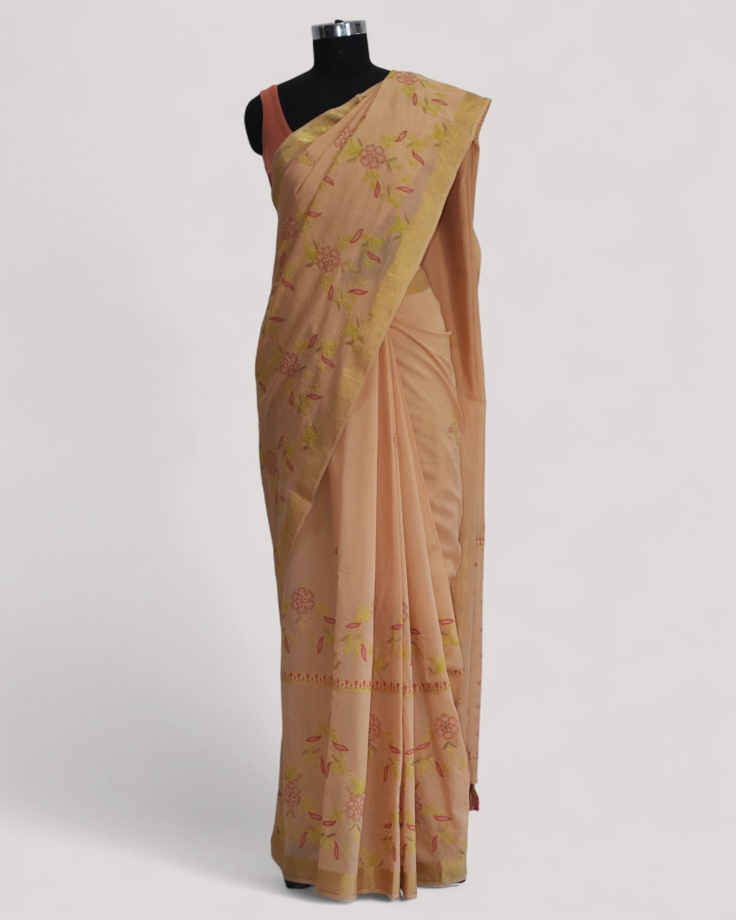Peach - Hand Embroidered Organic Cotton Saree
