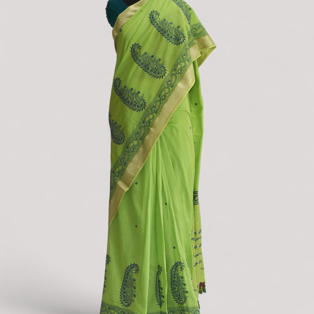 Parrot Green - Hand Embroidered Organic Cotton Saree