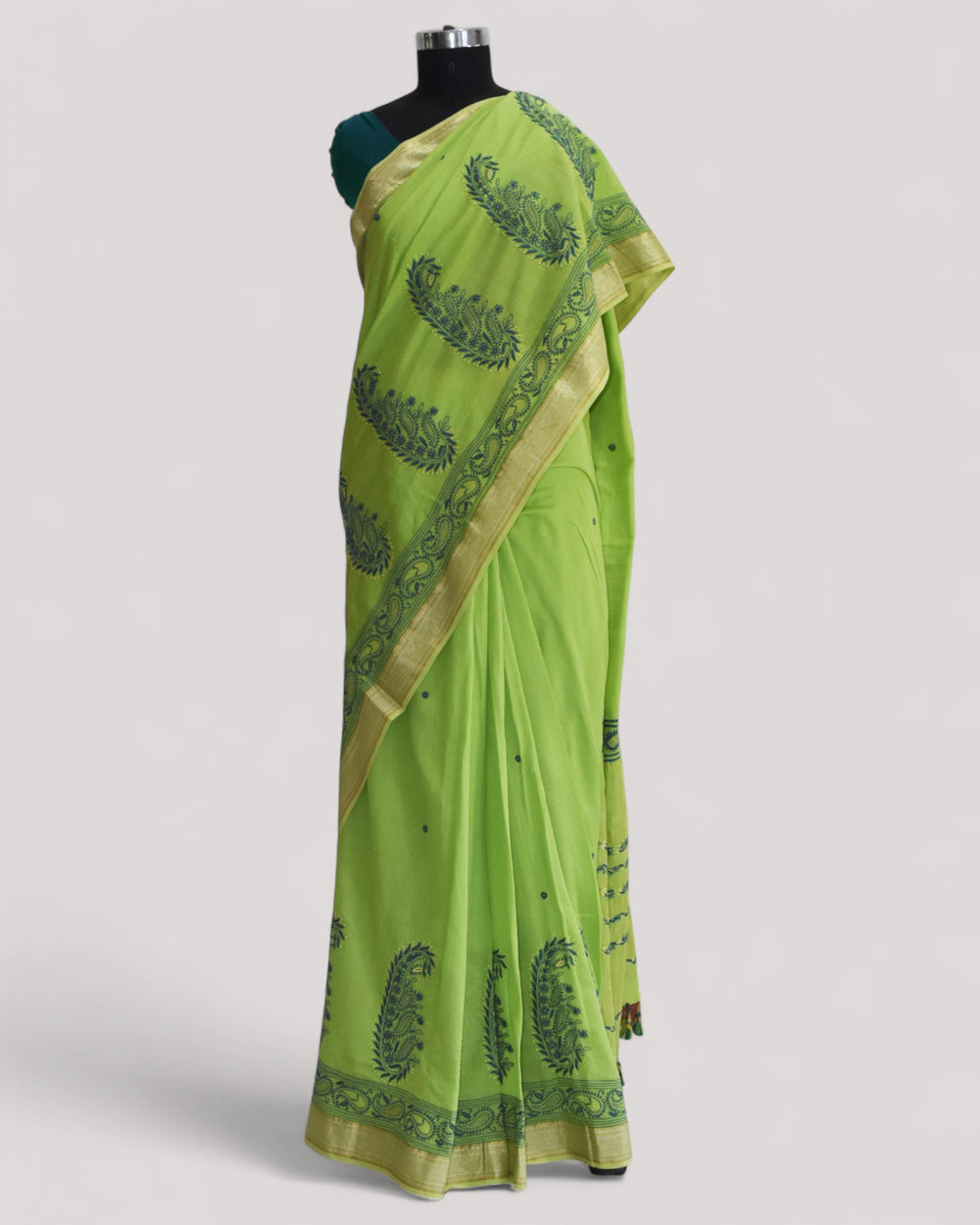 Parrot Green - Hand Embroidered Organic Cotton Saree