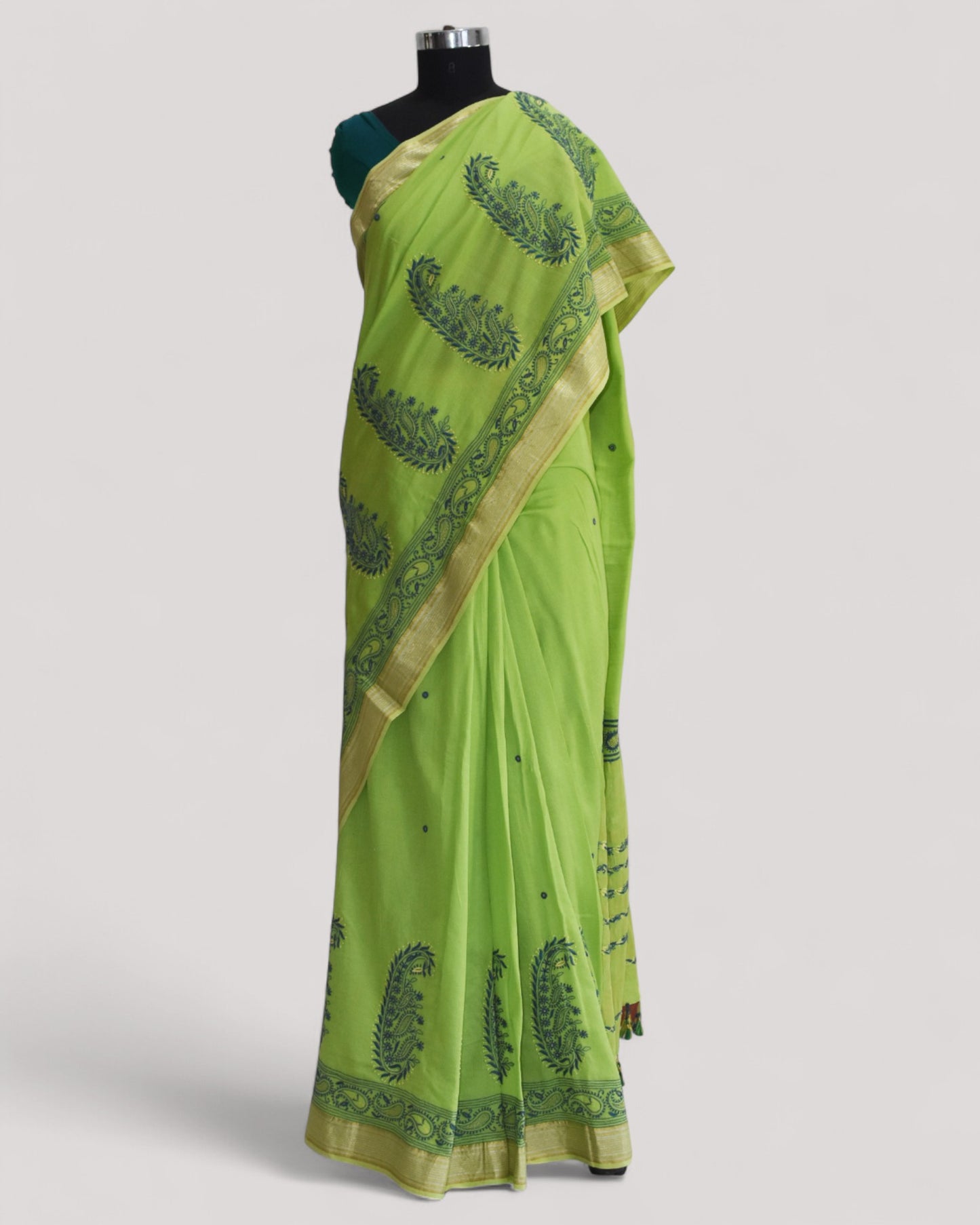 Parrot Green - Hand Embroidered Organic Cotton Saree