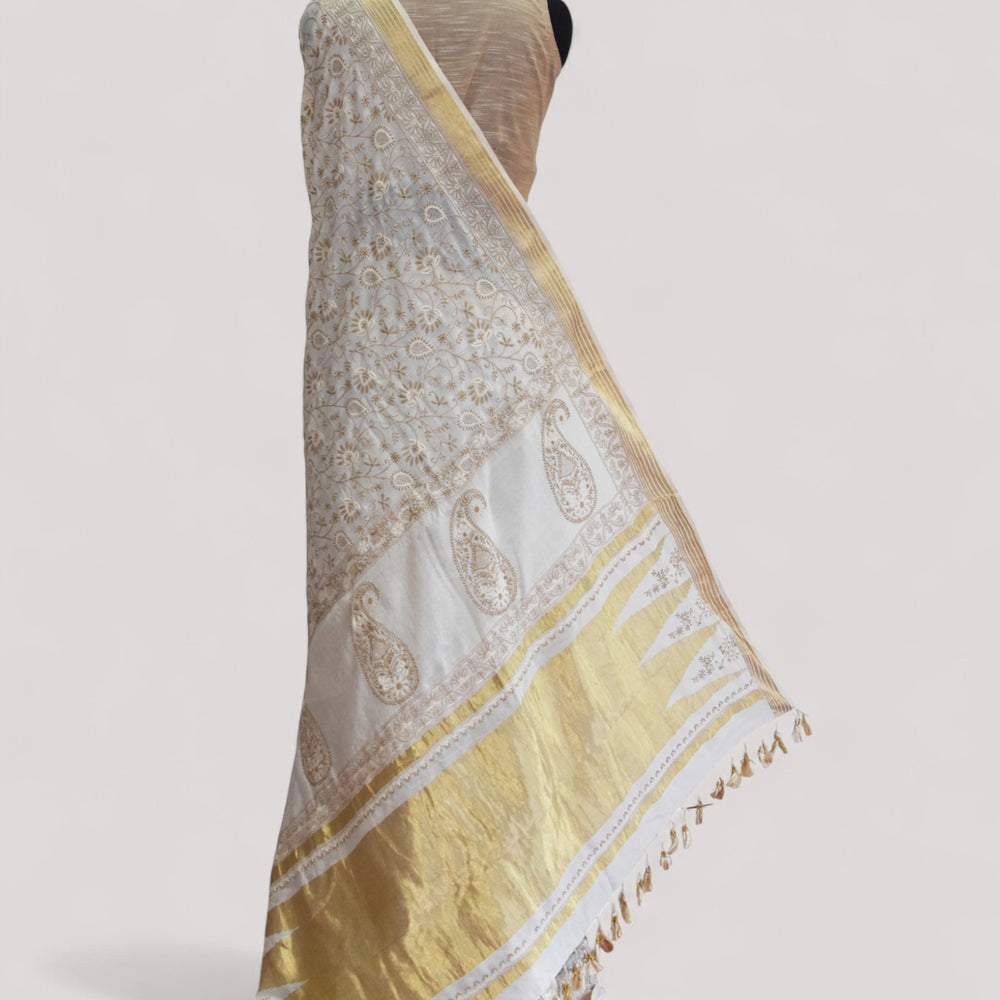 White - Hand Embroidered Organic Cotton Saree