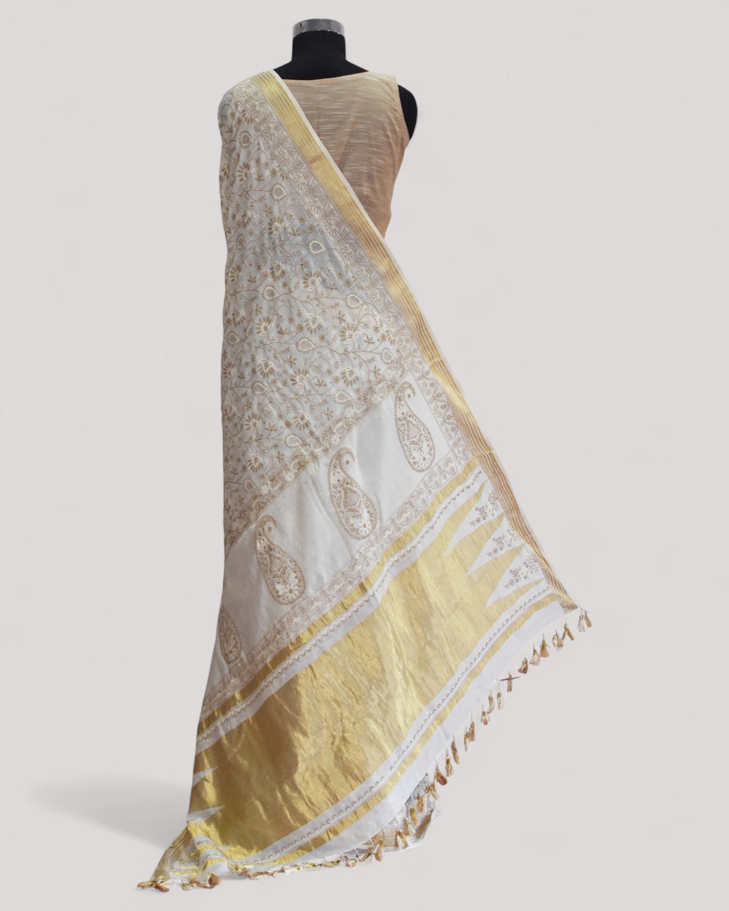 White - Hand Embroidered Organic Cotton Saree