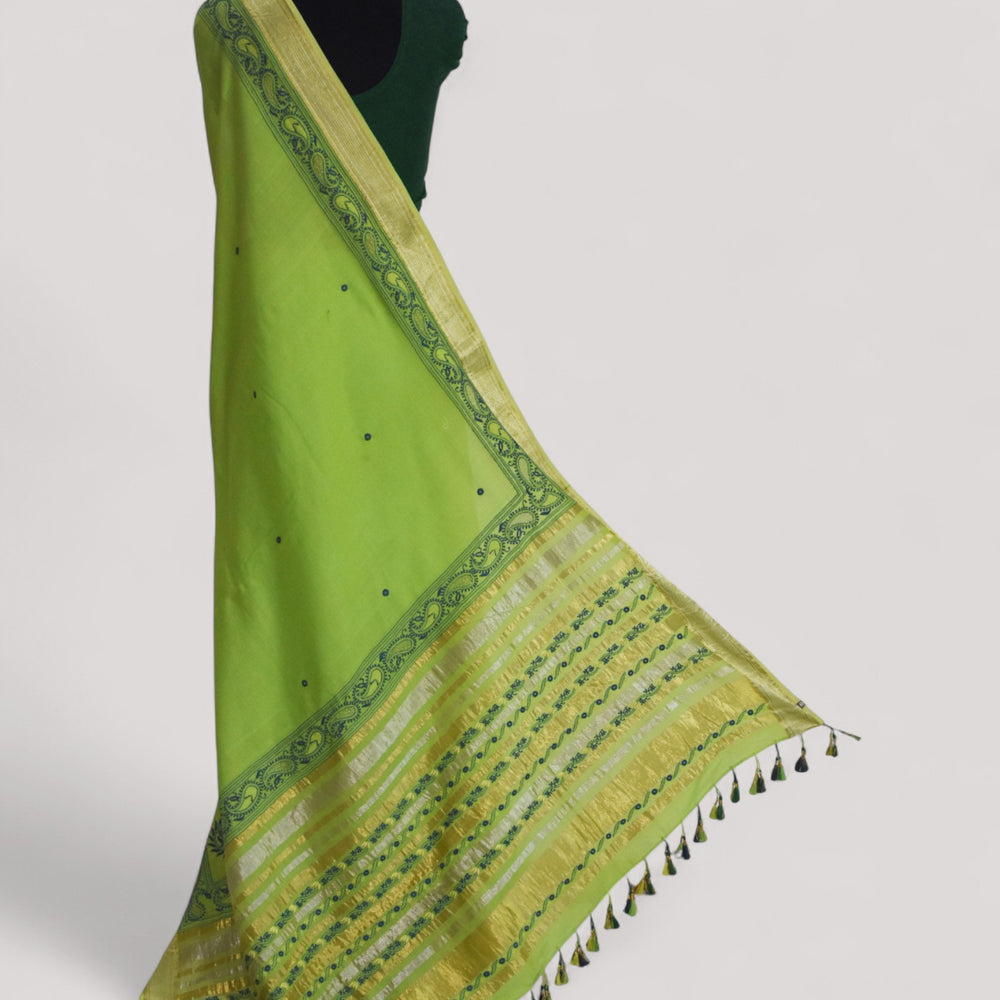 Parrot Green - Hand Embroidered Organic Cotton Saree