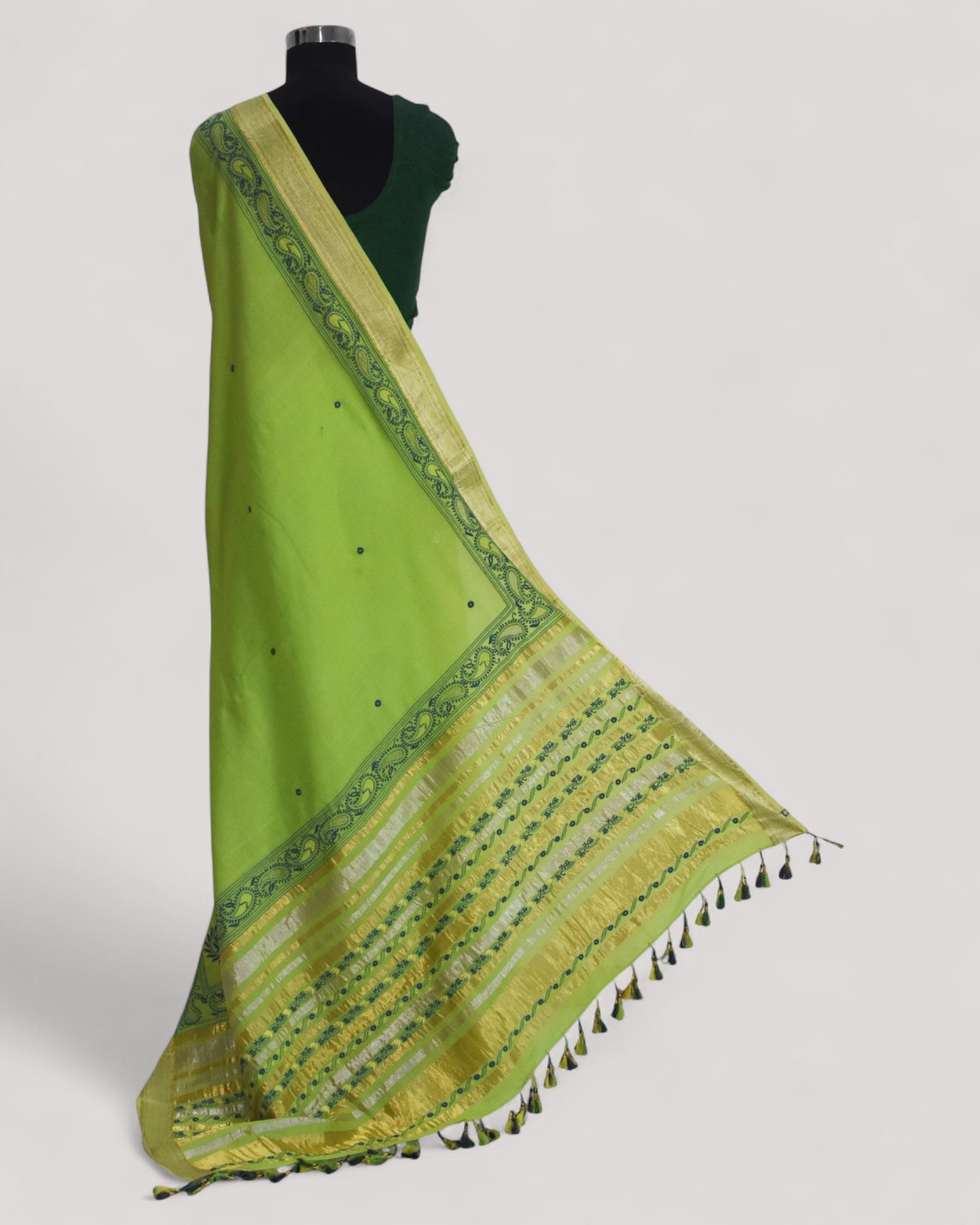 Parrot Green - Hand Embroidered Organic Cotton Saree