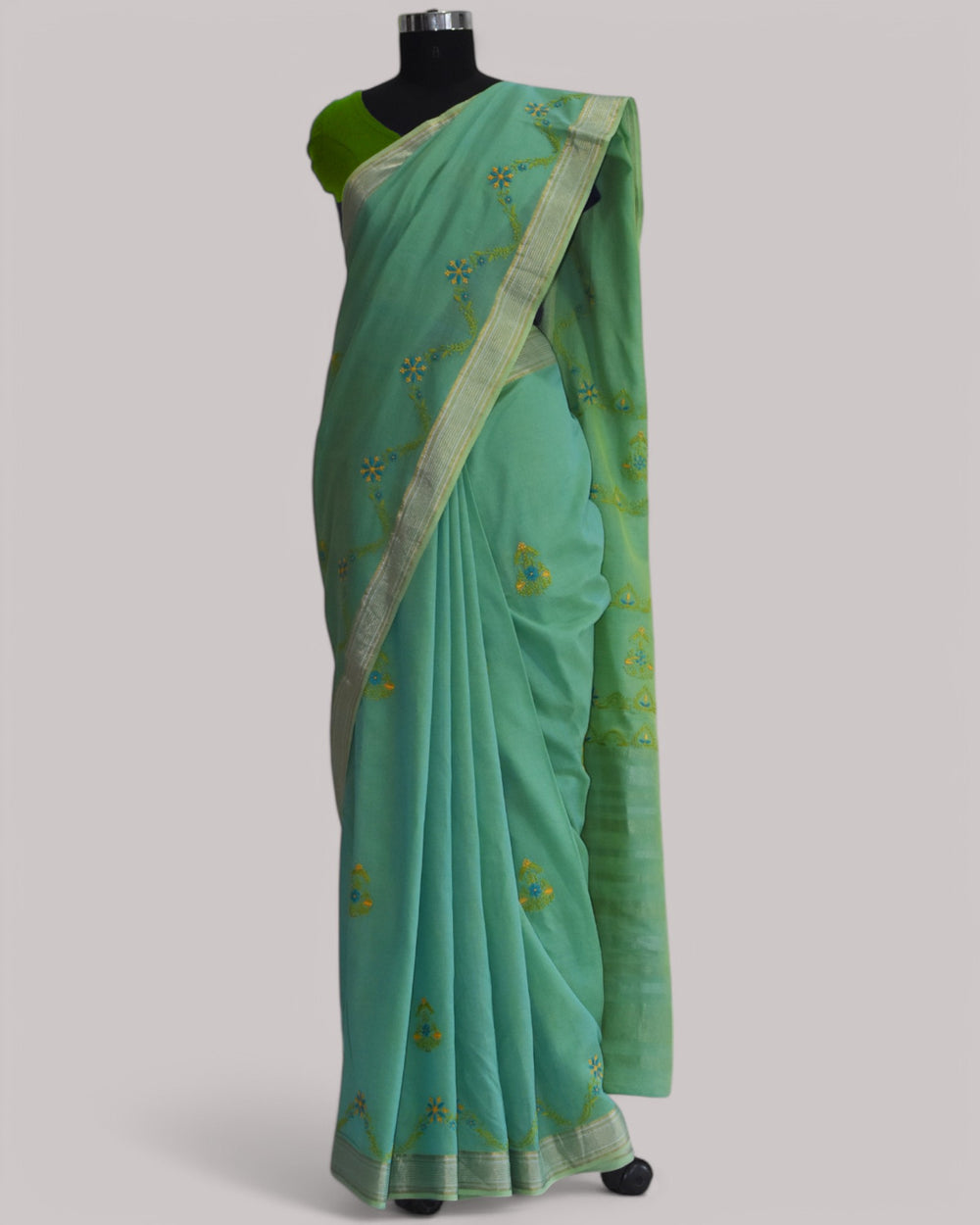 Sea Blue - Hand Embroidered Organic Cotton Saree